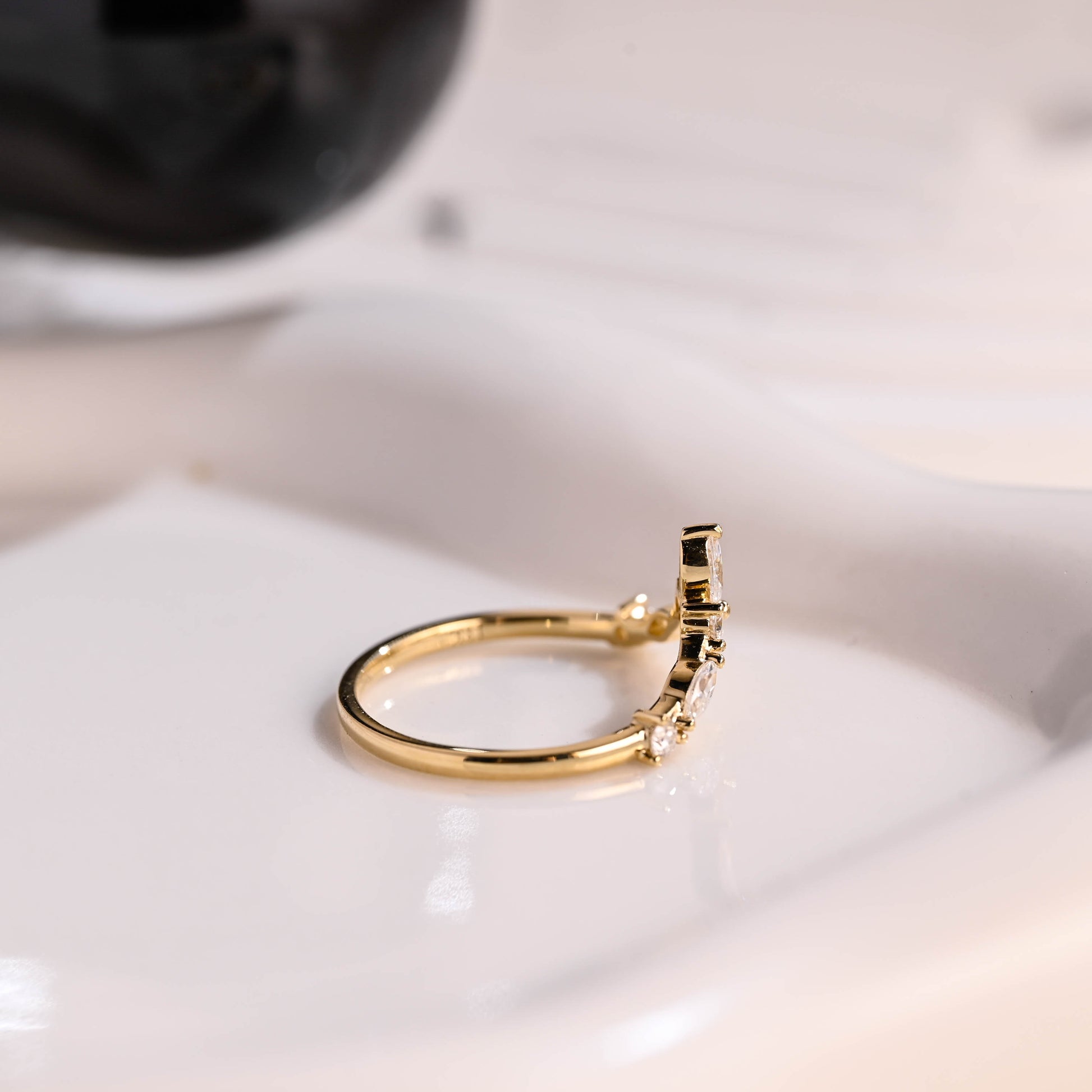 Solid Gold Curved Marquise & Round Cut Moissanite Wedding Band