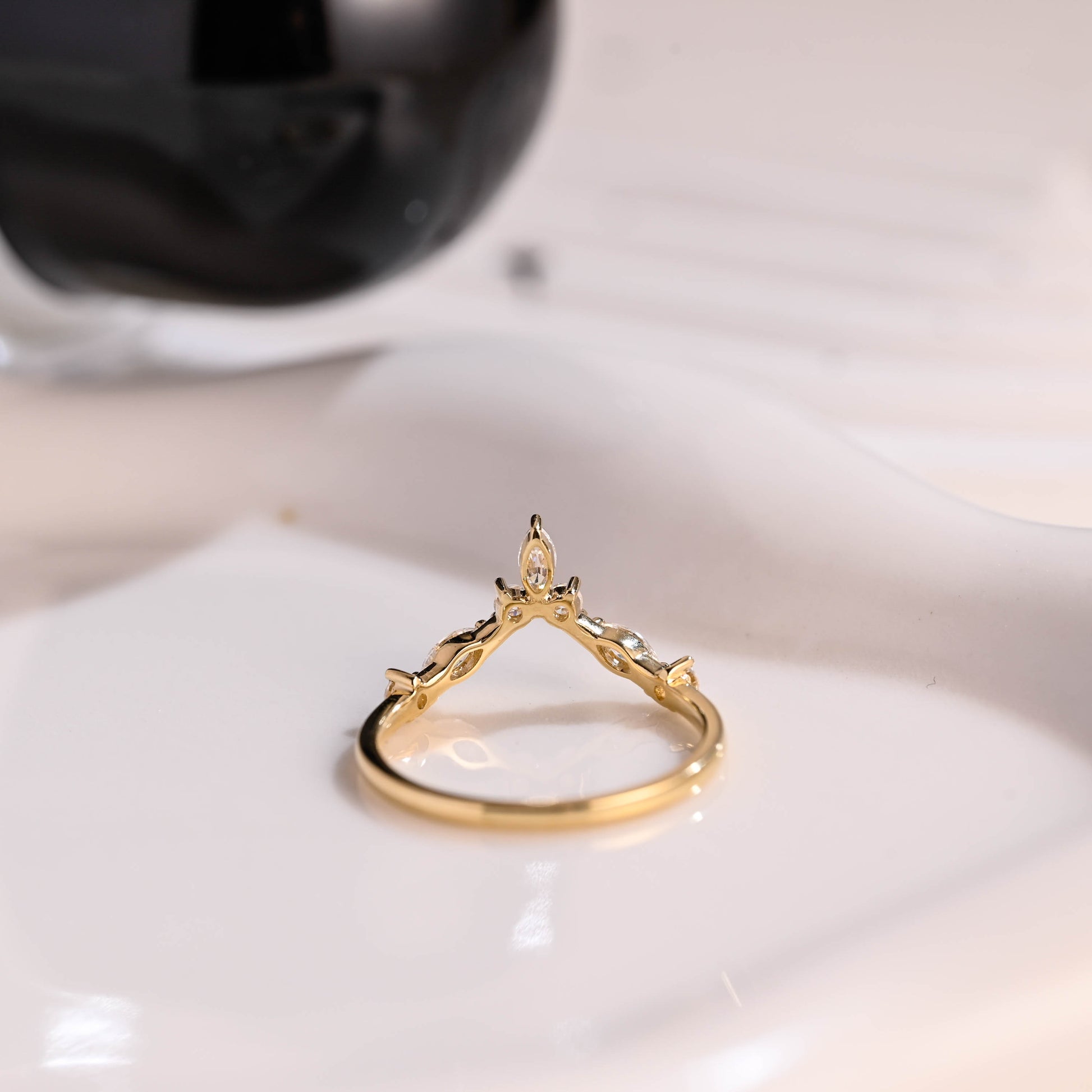 Solid Gold Curved Marquise & Round Cut Moissanite Wedding Band
