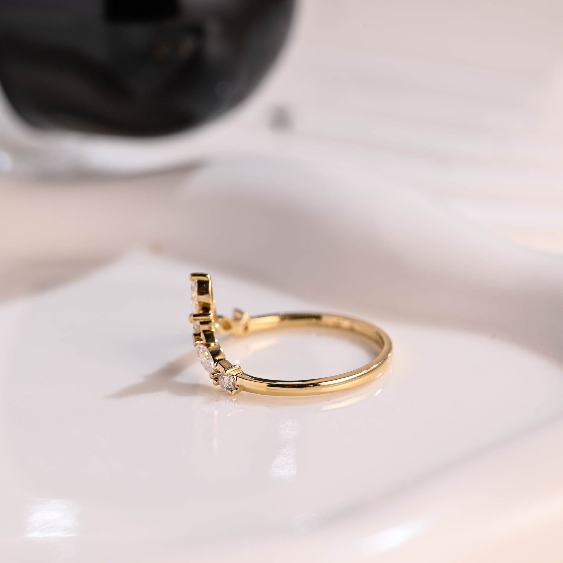 Solid Gold Curved Marquise & Round Cut Moissanite Wedding Band