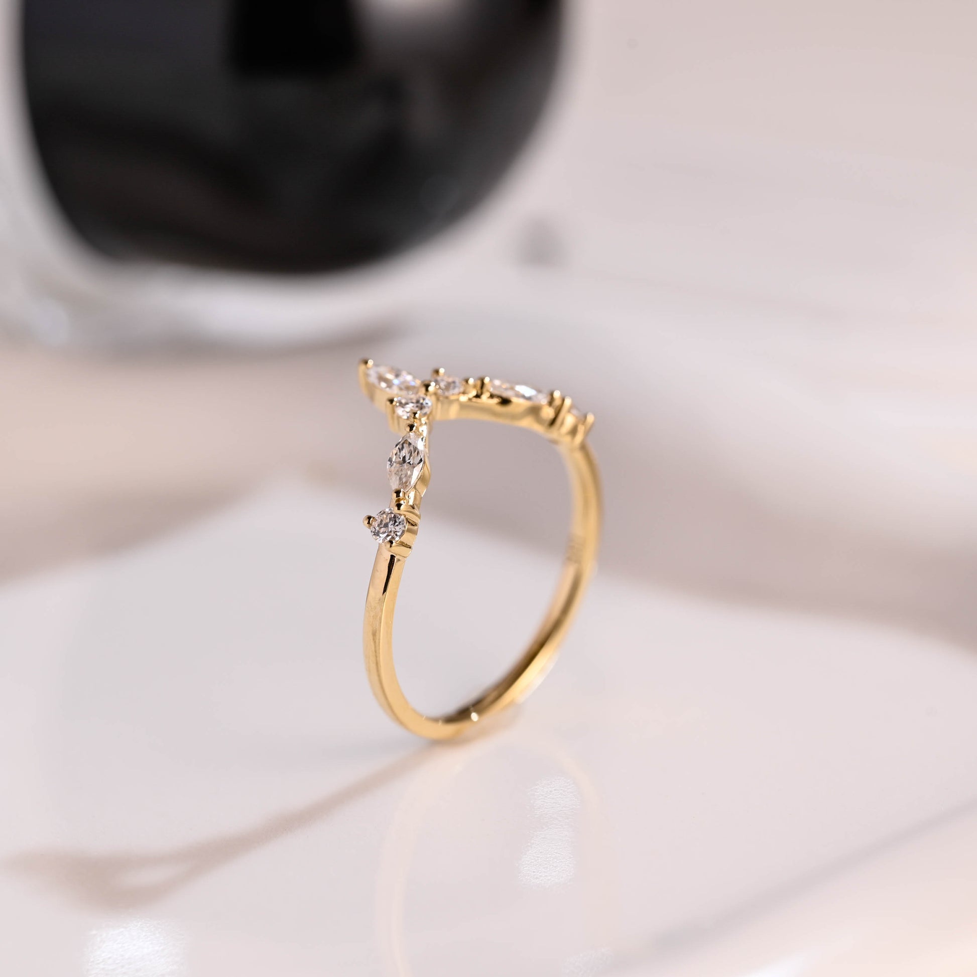 Solid Gold Curved Marquise & Round Cut Moissanite Wedding Band