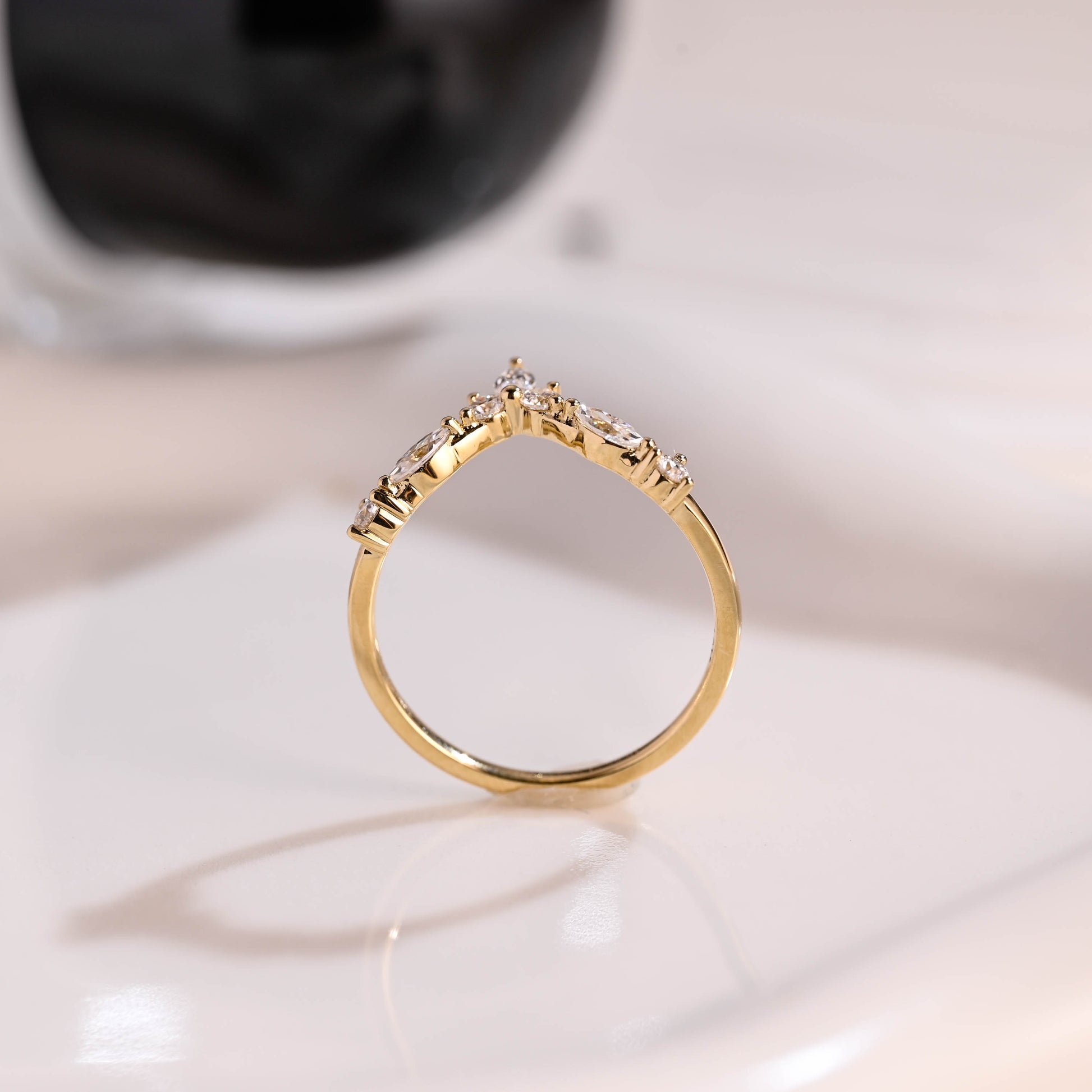Solid Gold Curved Marquise & Round Cut Moissanite Wedding Band