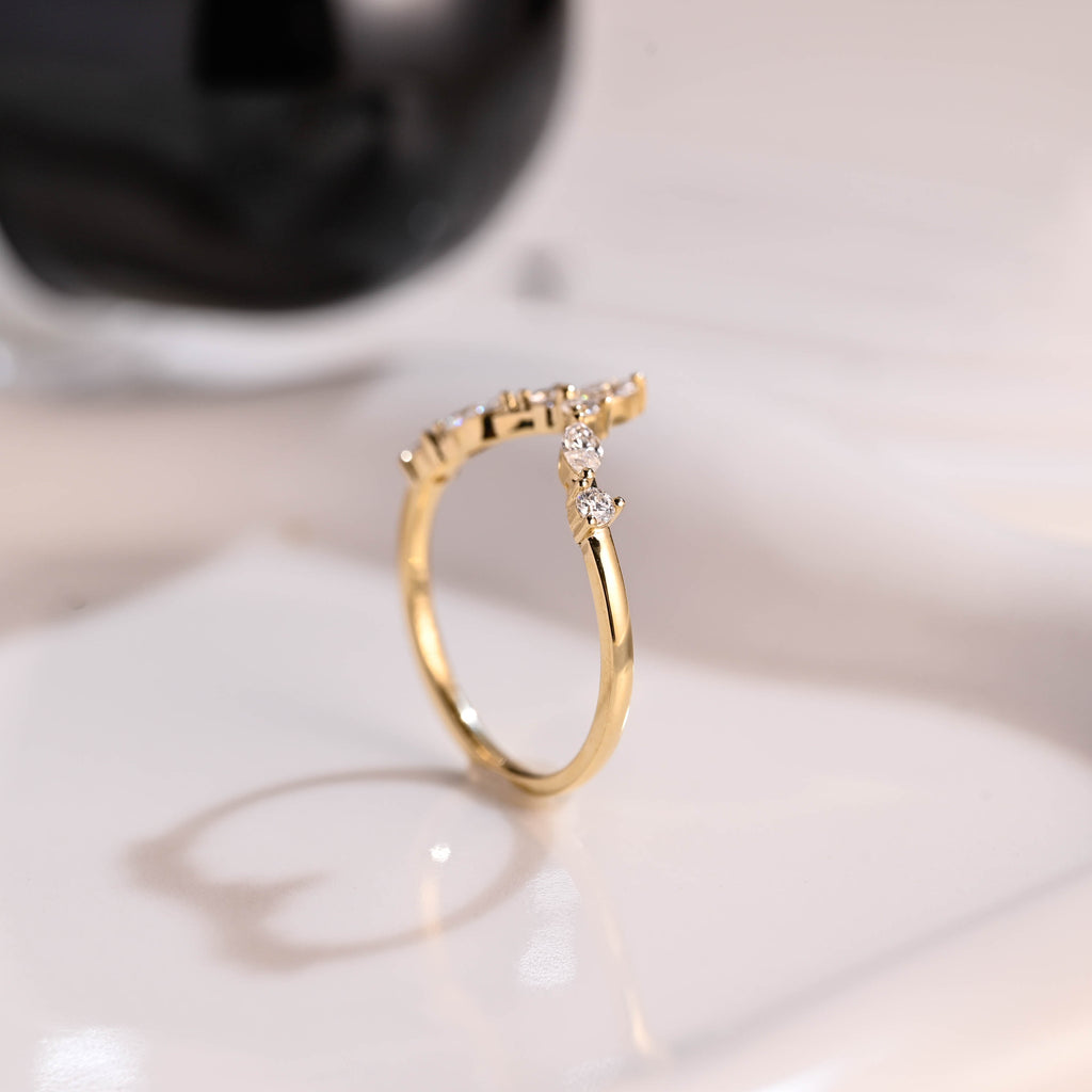 Solid Gold Curved Marquise & Round Cut Moissanite Wedding Band