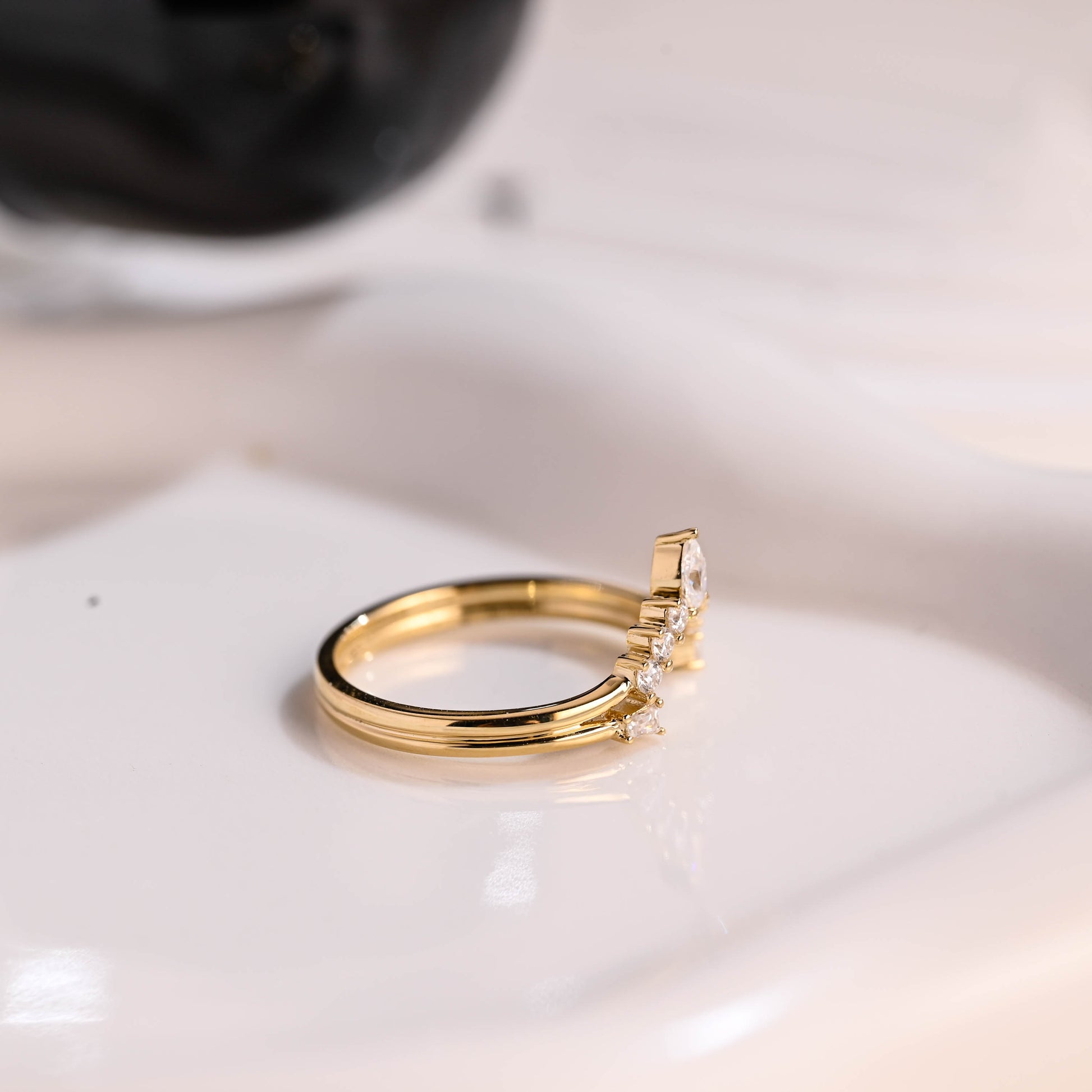 Solid Gold Curved Pear & Round & Trapezoid Cut Moissanite Wedding Band