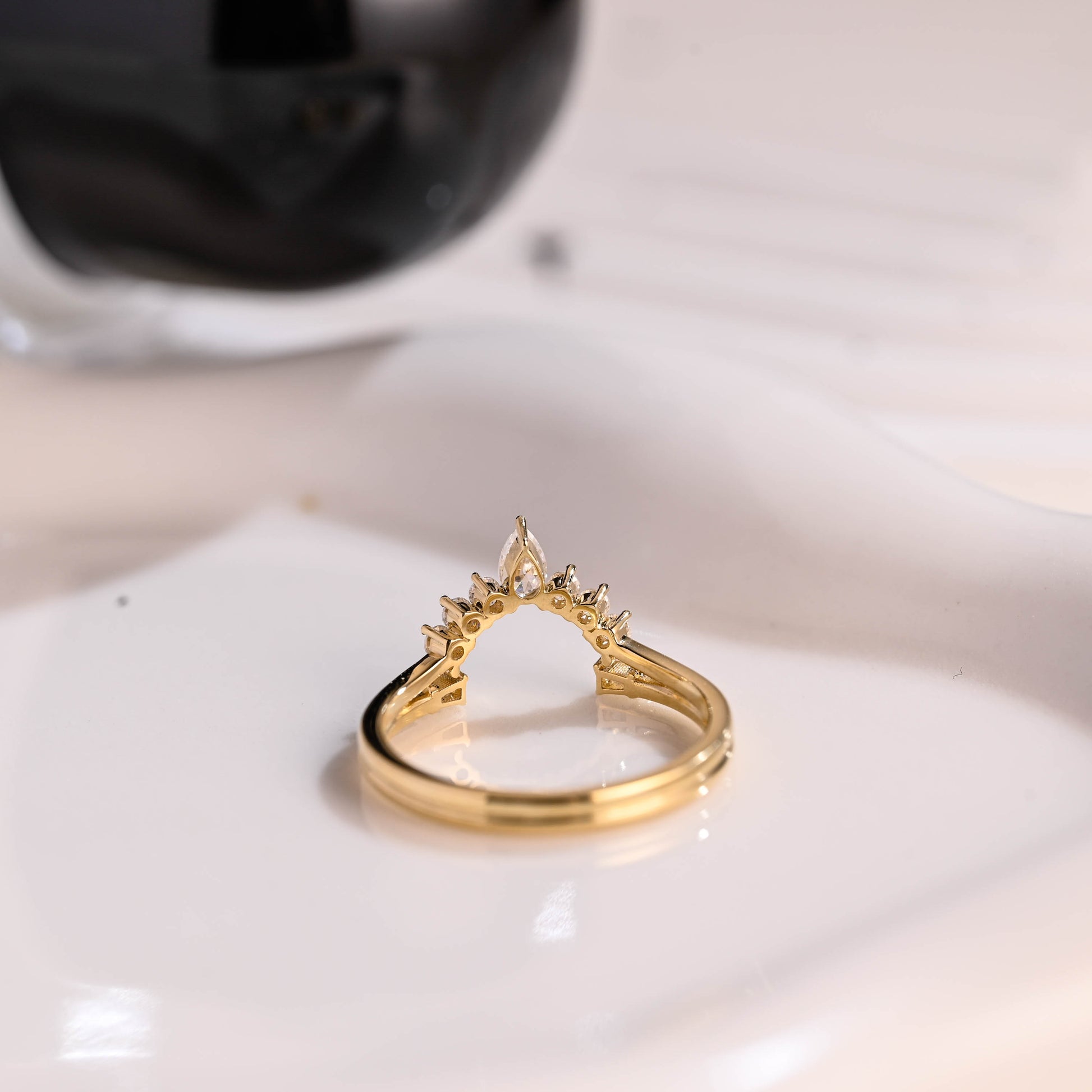 Solid Gold Curved Pear & Round & Trapezoid Cut Moissanite Wedding Band