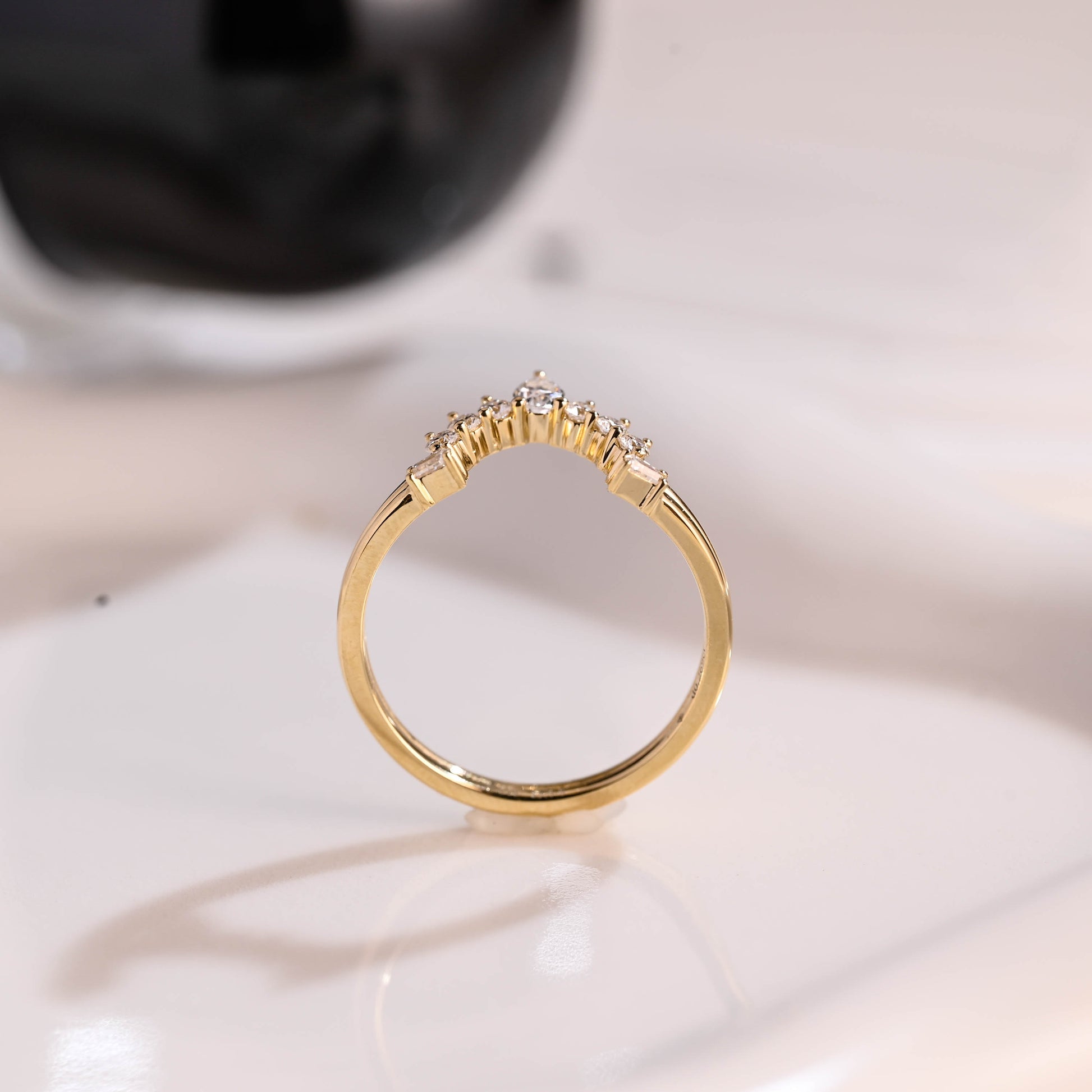 Solid Gold Curved Pear & Round & Trapezoid Cut Moissanite Wedding Band
