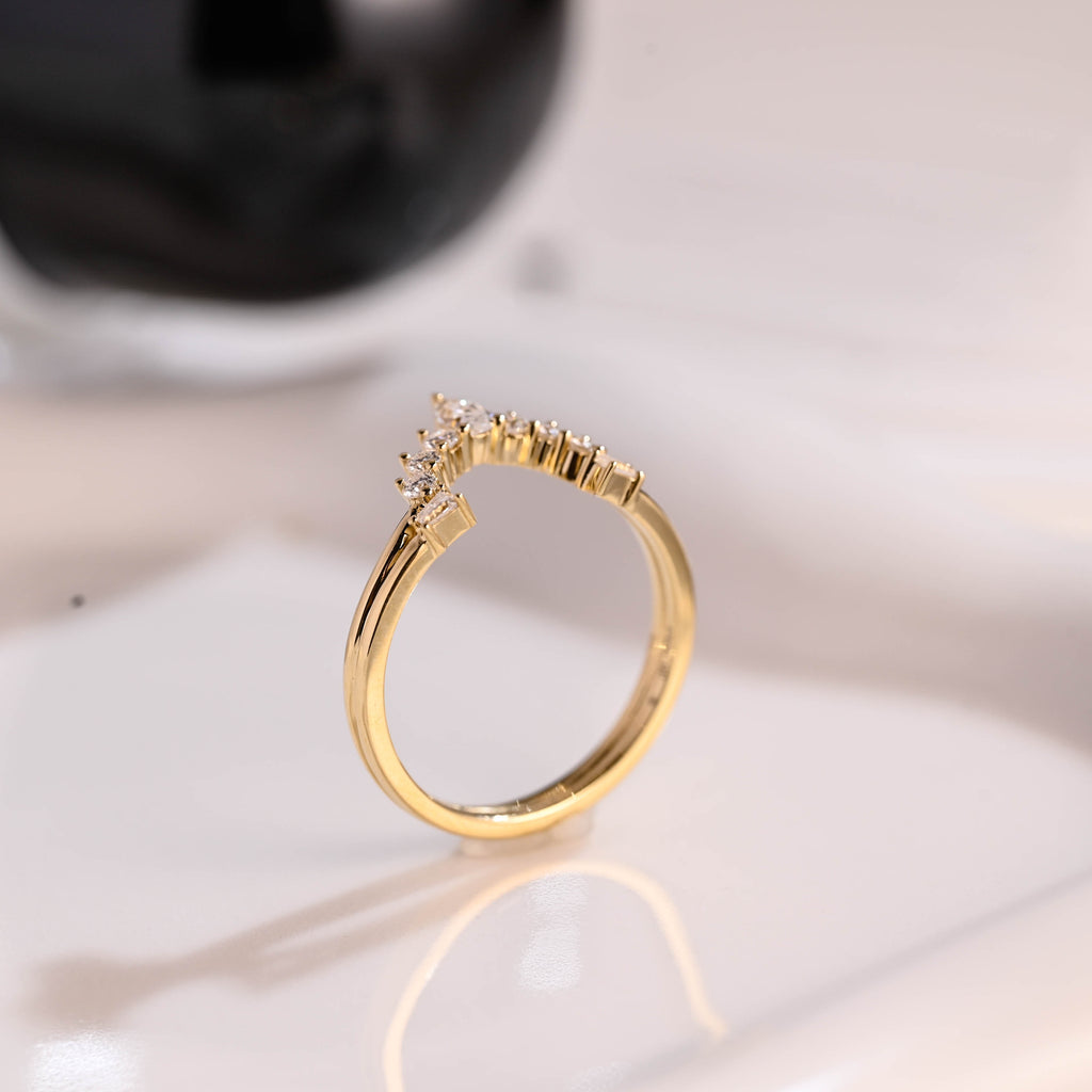 Solid Gold Curved Pear & Round & Trapezoid Cut Moissanite Wedding Band