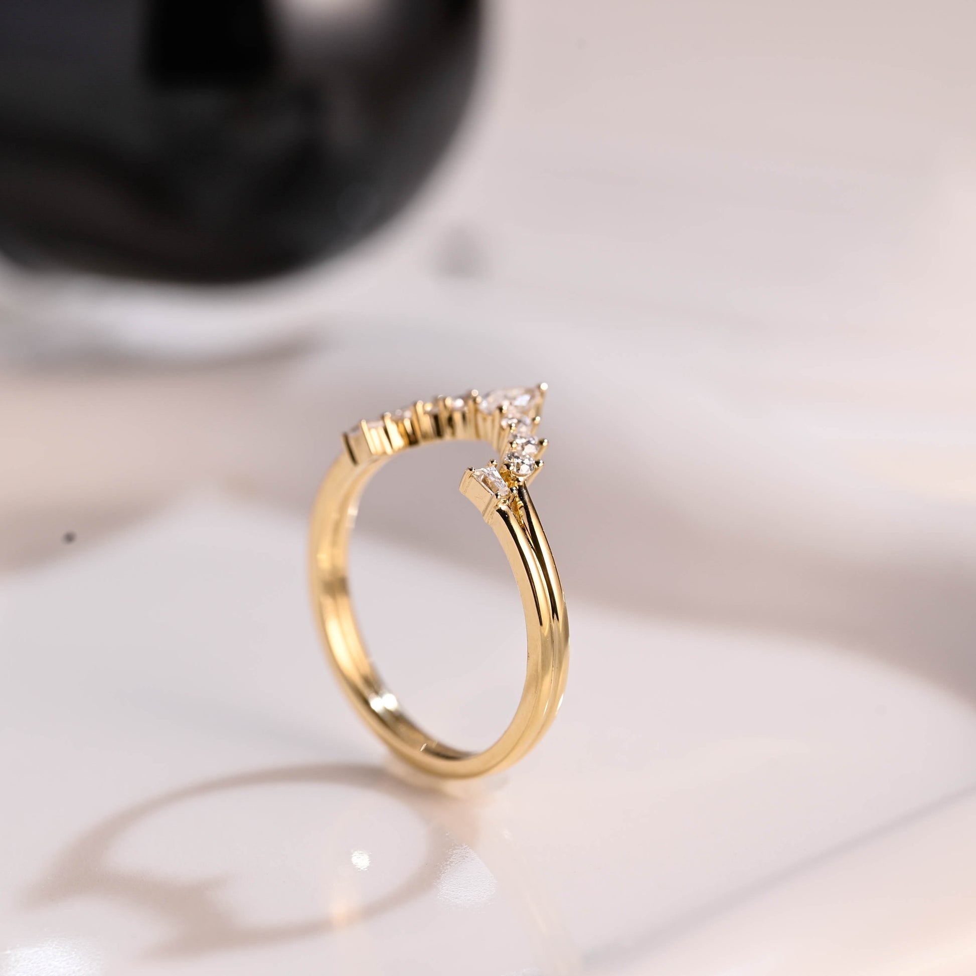 Solid Gold Curved Pear & Round & Trapezoid Cut Moissanite Wedding Band