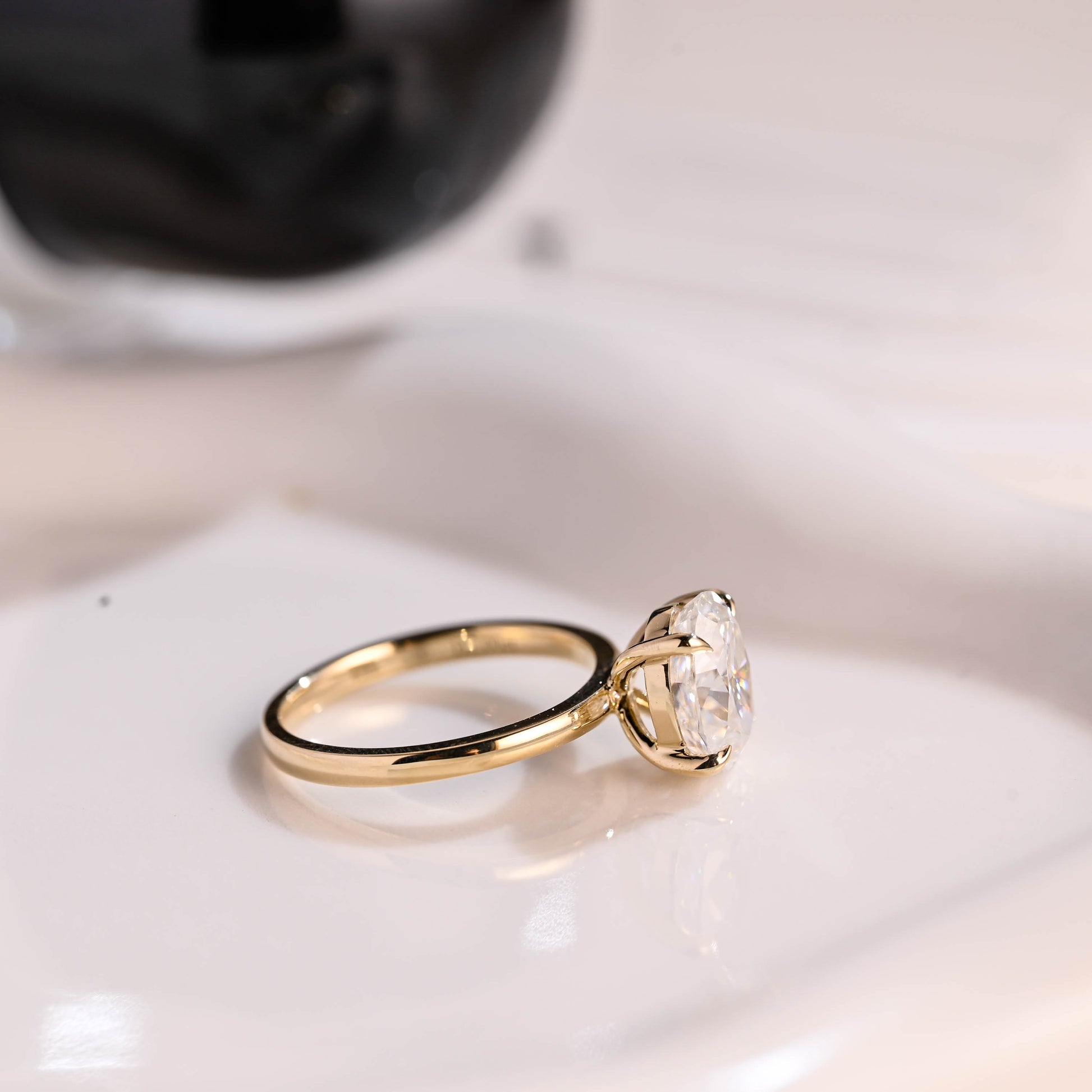Solid Gold Solitaire Crushed Ice Oval Cut Moissanite Engagement Ring