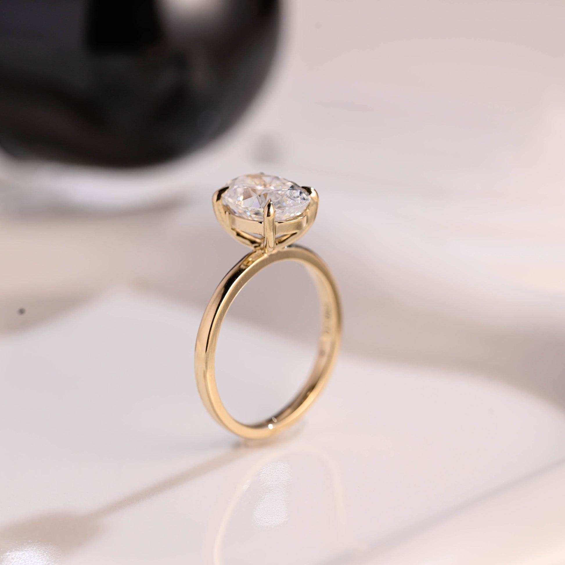 Solid Gold Solitaire Crushed Ice Oval Cut Moissanite Engagement Ring
