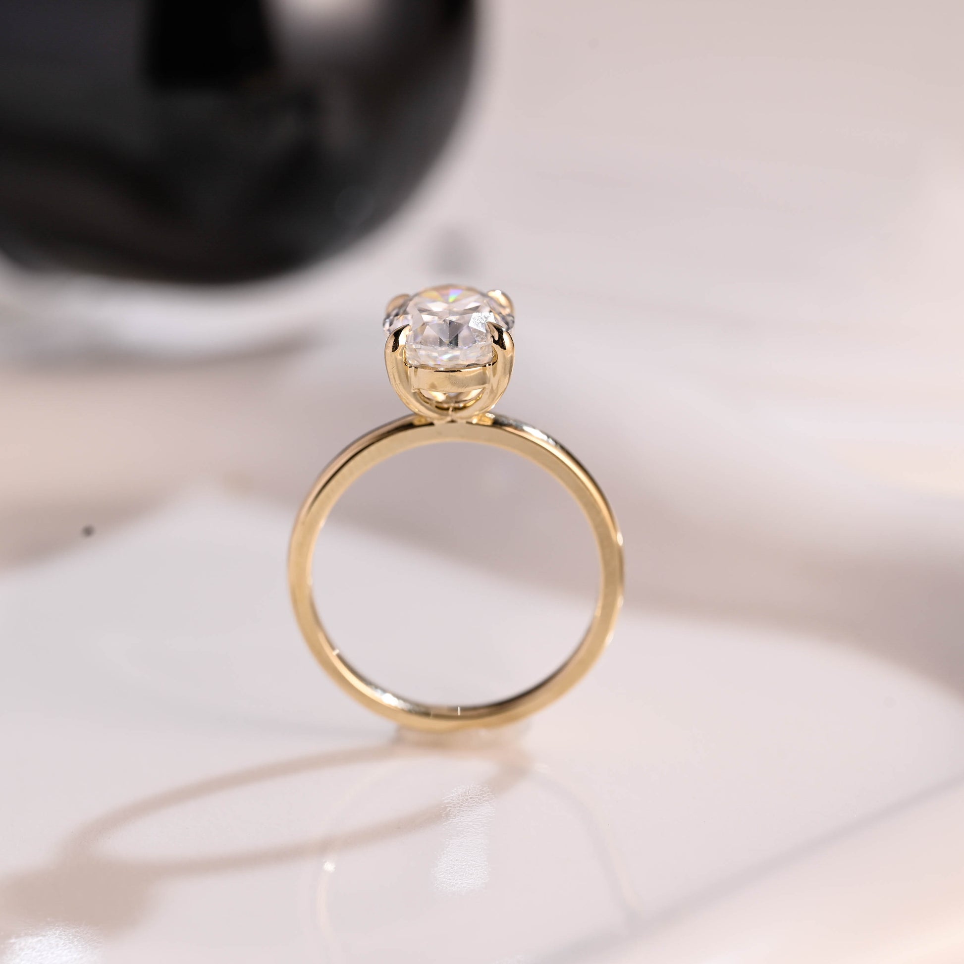 Solid Gold Solitaire Crushed Ice Oval Cut Moissanite Engagement Ring