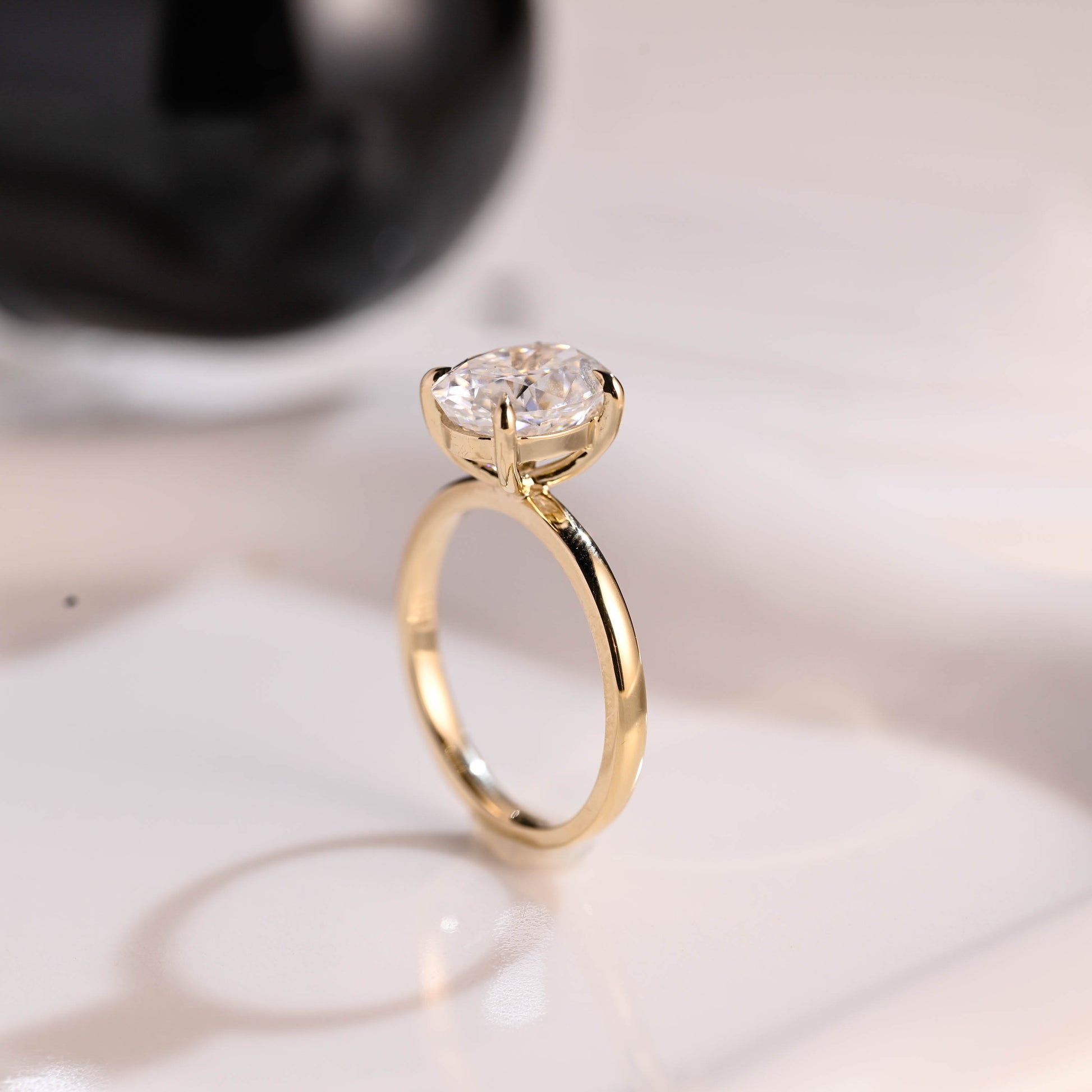 Solid Gold Solitaire Crushed Ice Oval Cut Moissanite Engagement Ring