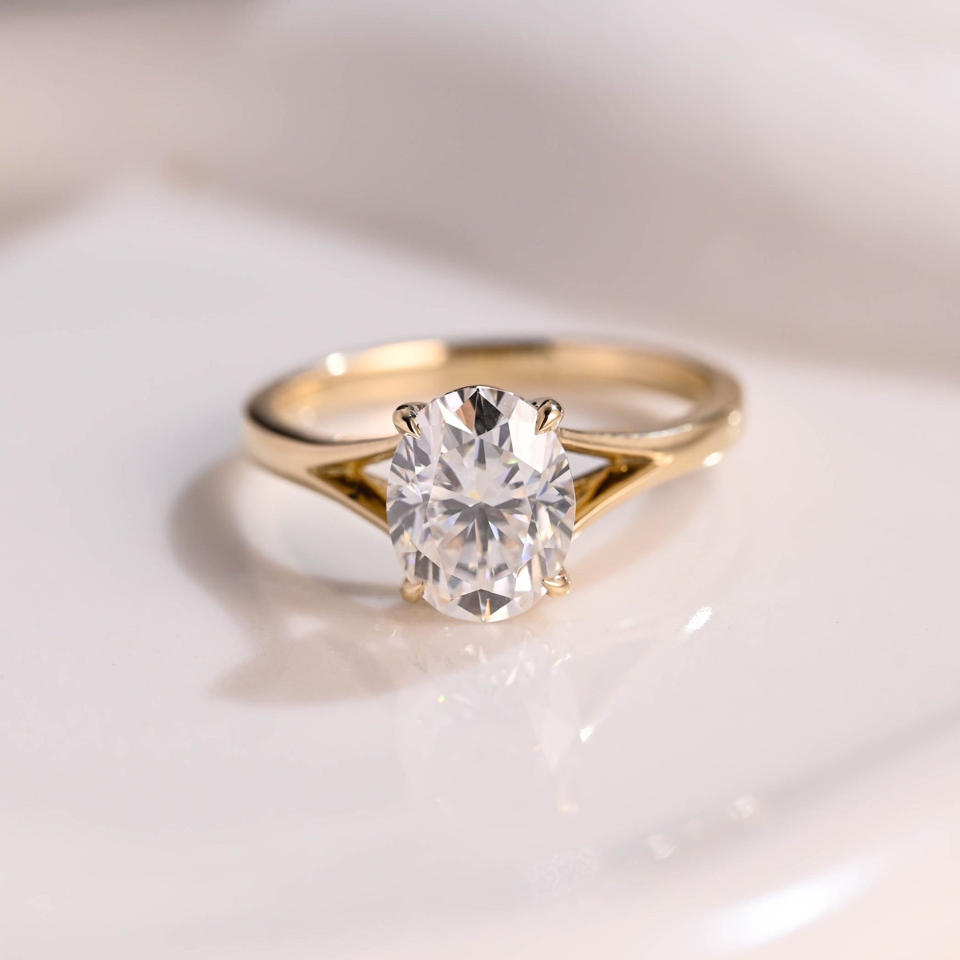 Solid Gold Solitaire Split Shank Oval Cut Moissanite Engagement Ring