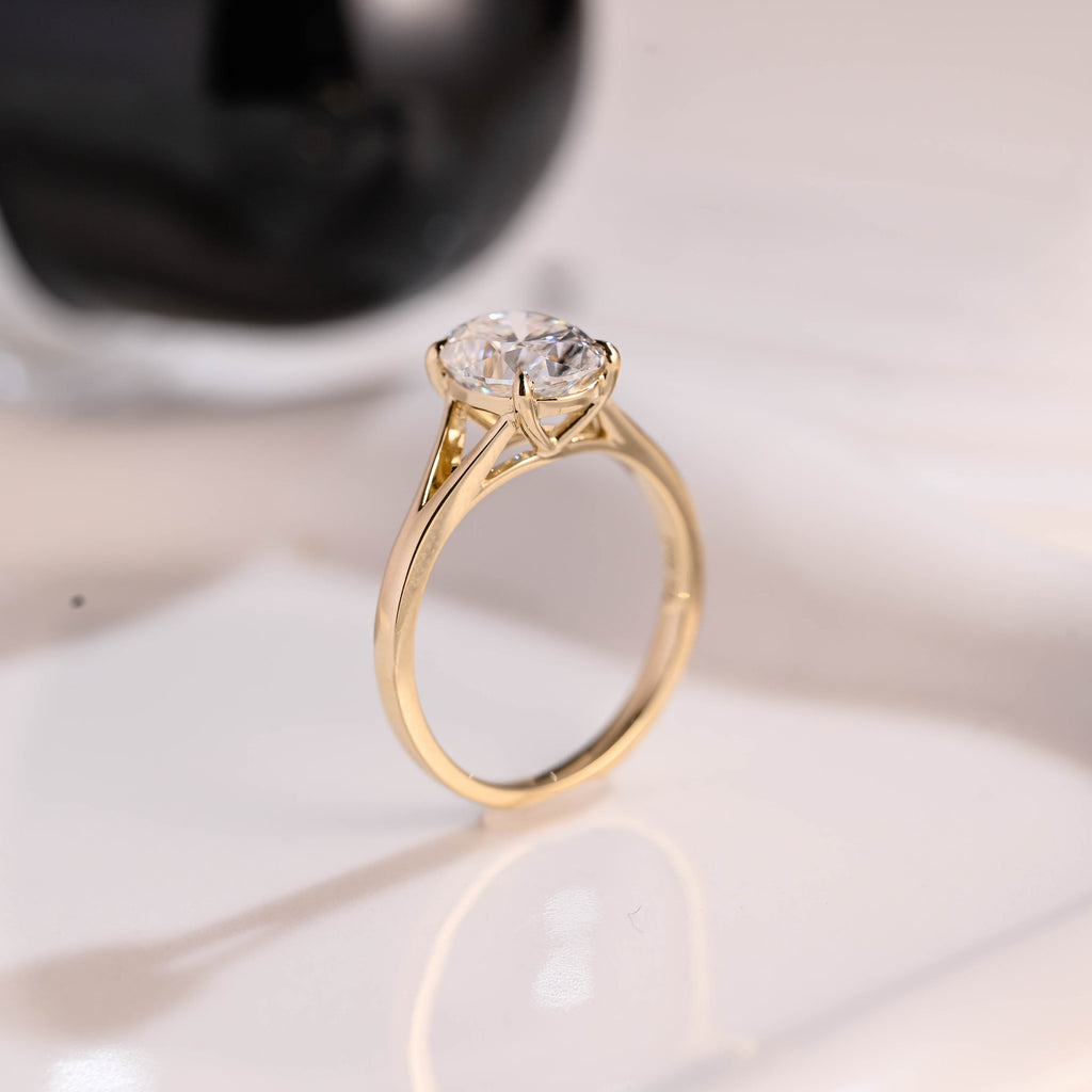 Solid Gold Solitaire Split Shank Oval Cut Moissanite Engagement Ring