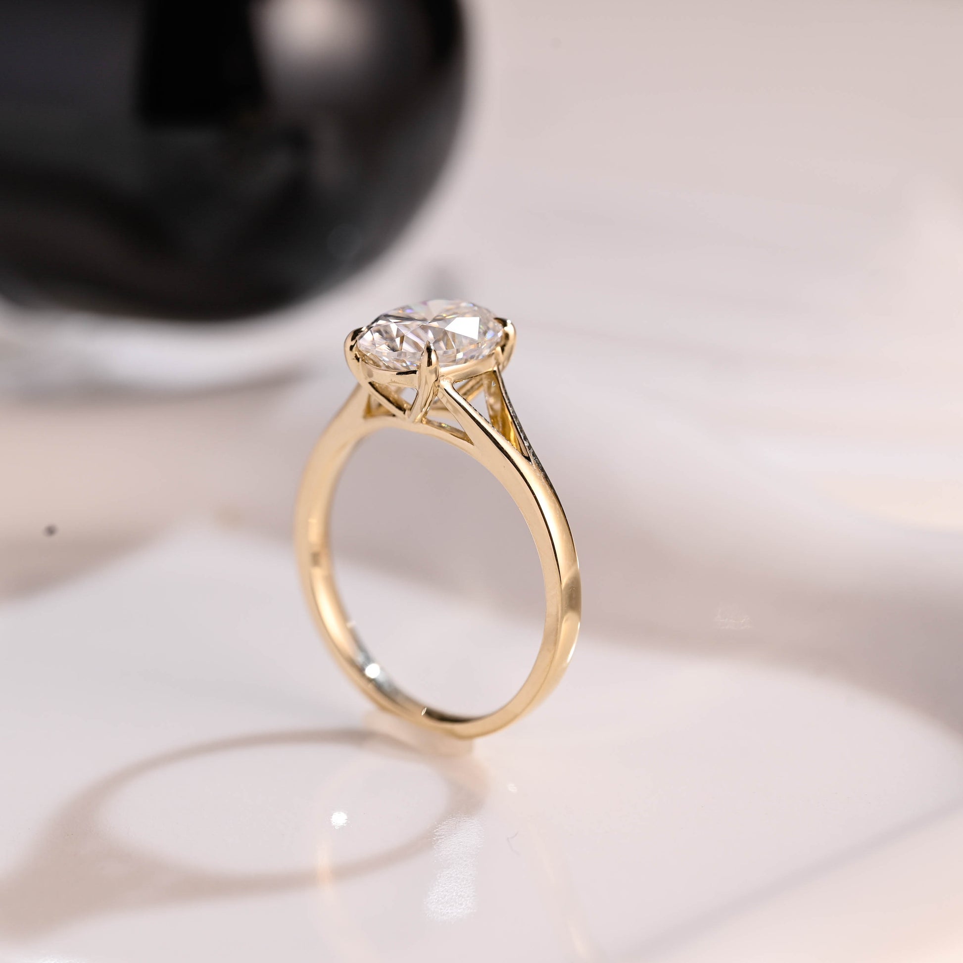 Solid Gold Solitaire Split Shank Oval Cut Moissanite Engagement Ring