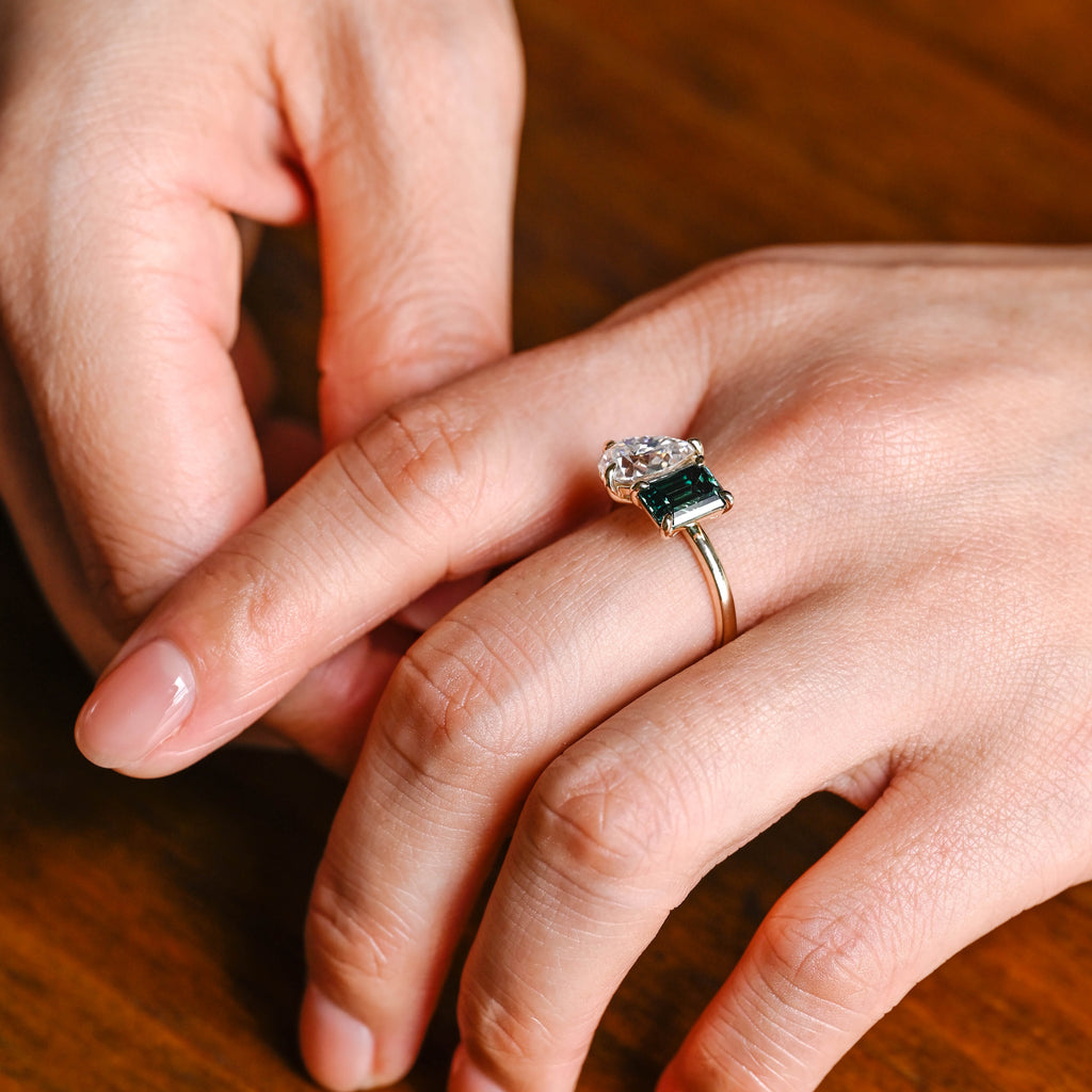 Solid Gold Toi et Moi Ring Emerald Cut Green Moissanite & Pear Cut Moissanite Engagement Ring