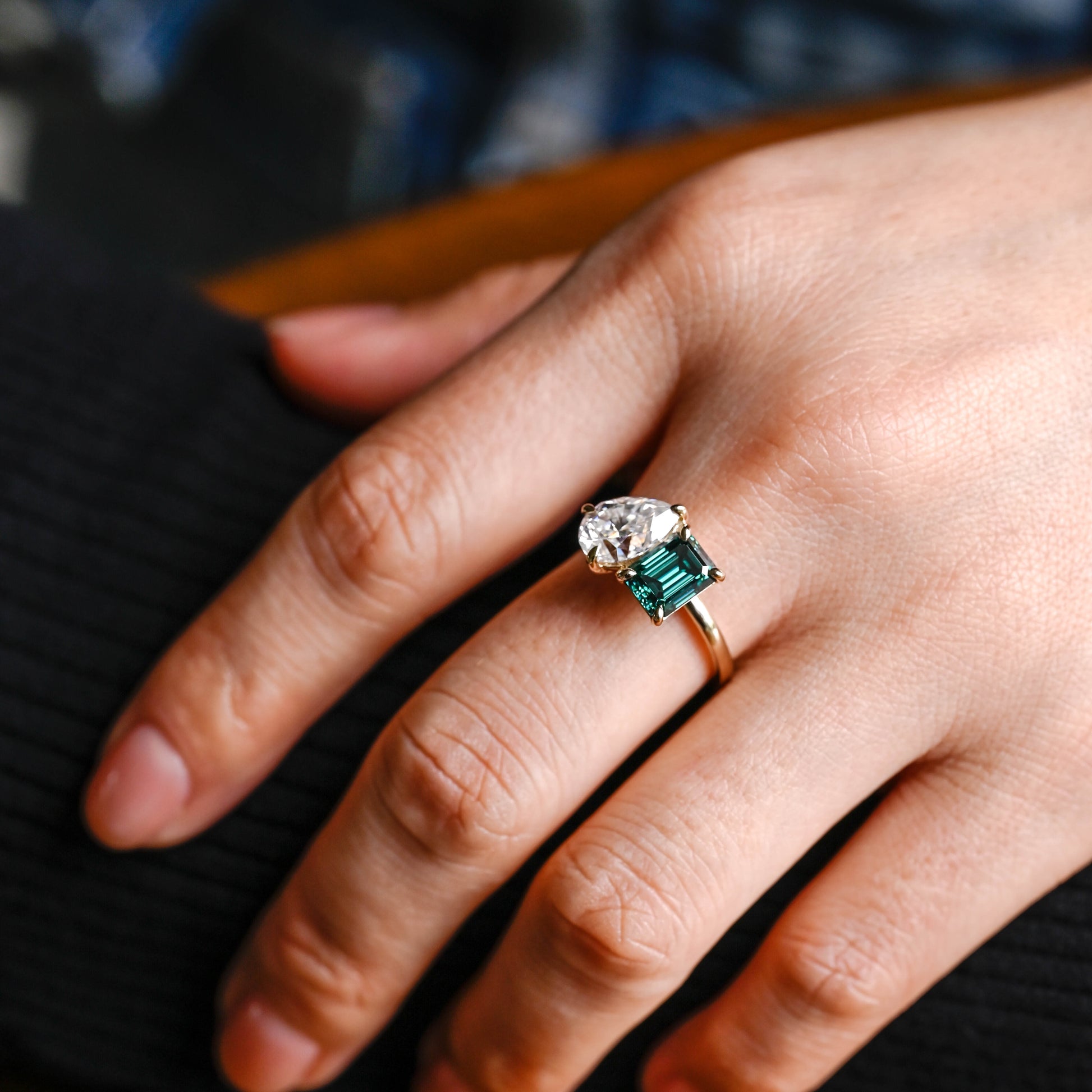 Solid Gold Toi et Moi Ring Emerald Cut Green Moissanite & Pear Cut Moissanite Engagement Ring