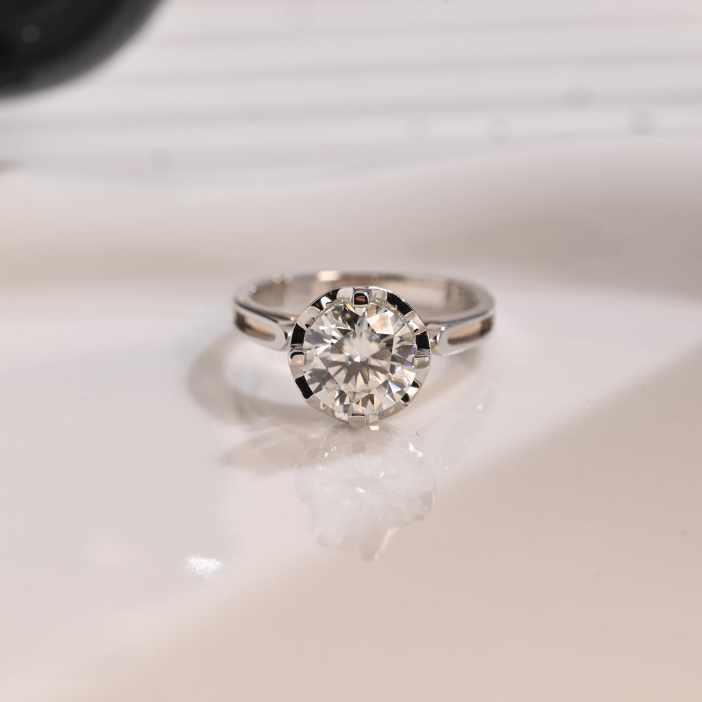 Solid Gold Two Tone Hidden Halo Round Cut Moissanite Engagement Ring