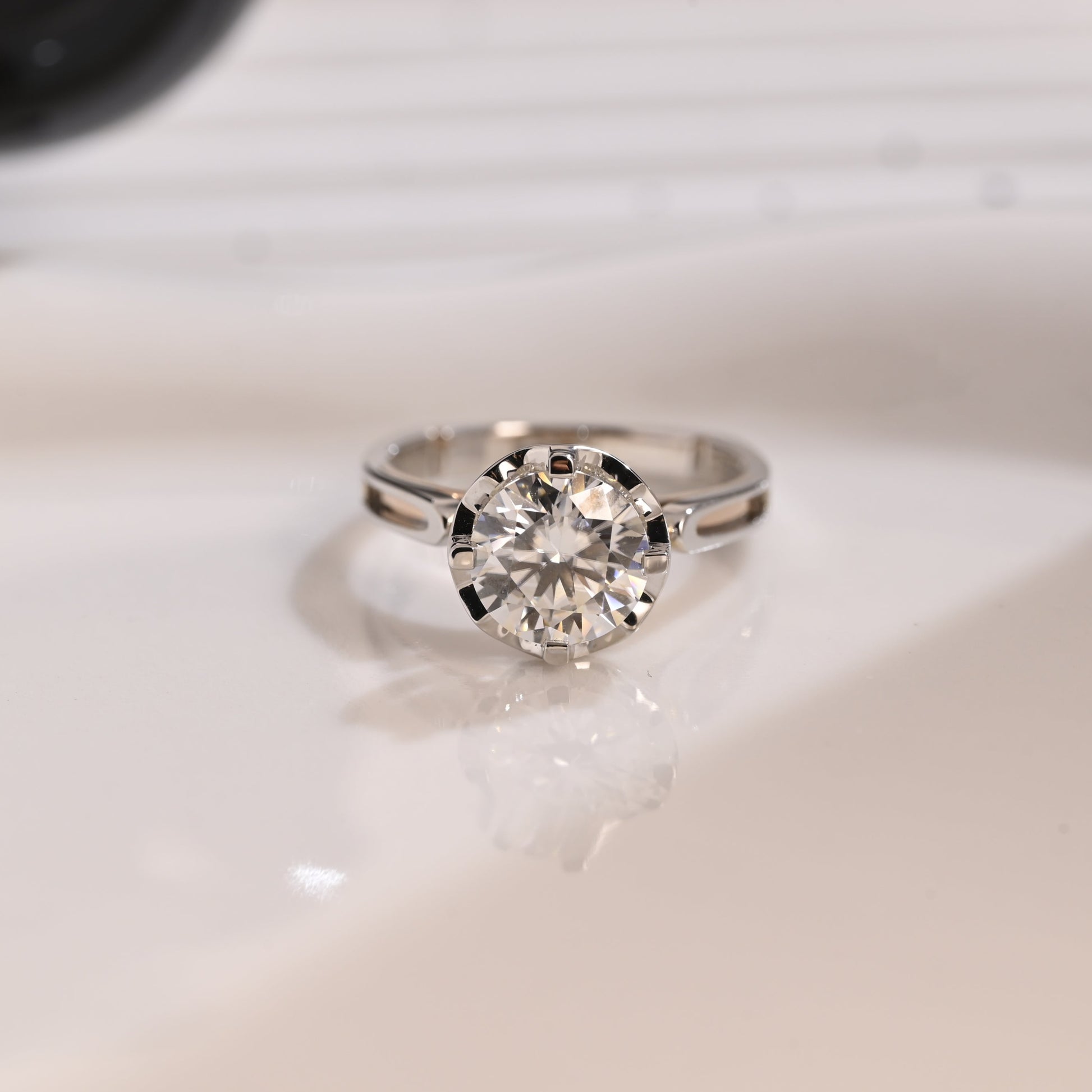 Solid Gold Two Tone Hidden Halo Round Cut Moissanite Engagement Ring