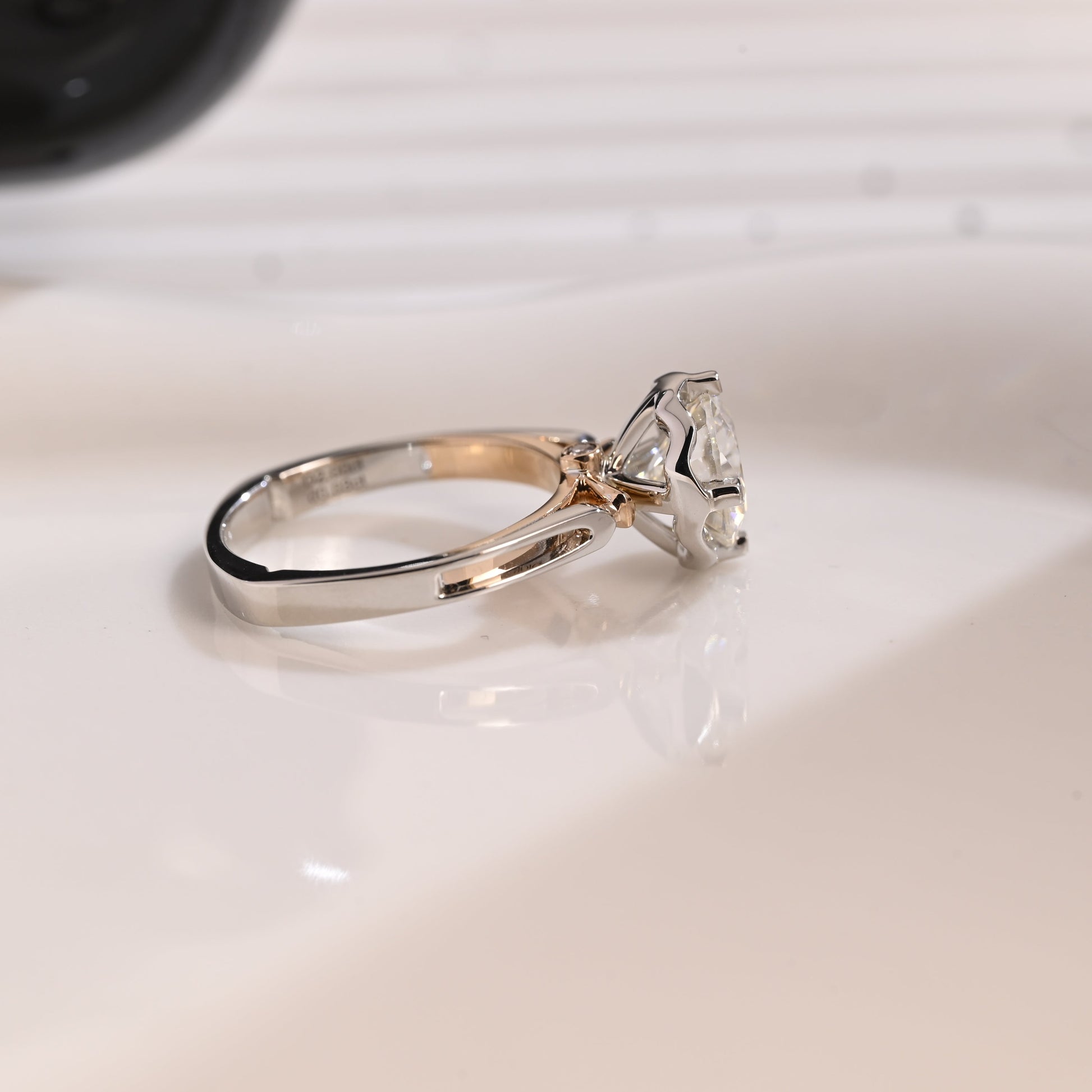 Solid Gold Two Tone Hidden Halo Round Cut Moissanite Engagement Ring