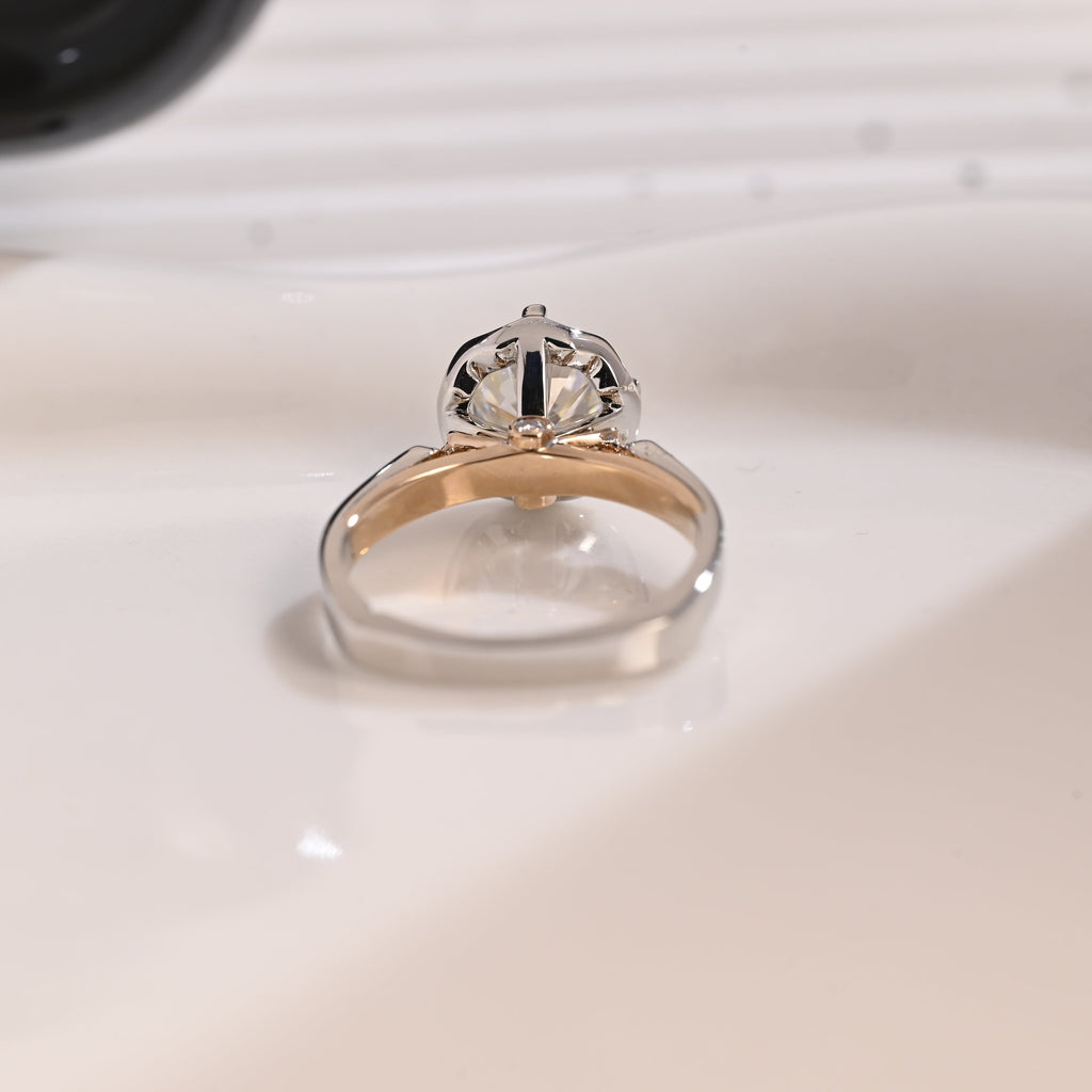Solid Gold Two Tone Hidden Halo Round Cut Moissanite Engagement Ring