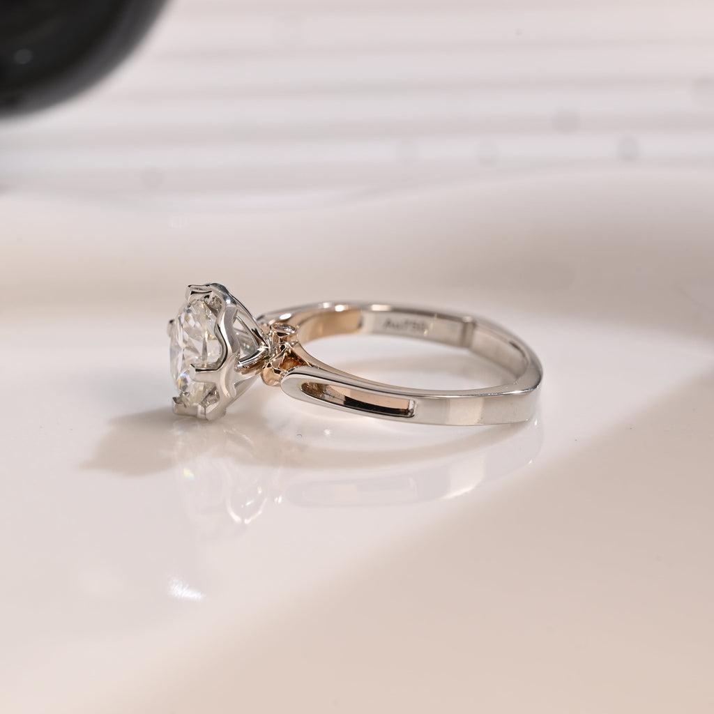 Solid Gold Two Tone Hidden Halo Round Cut Moissanite Engagement Ring