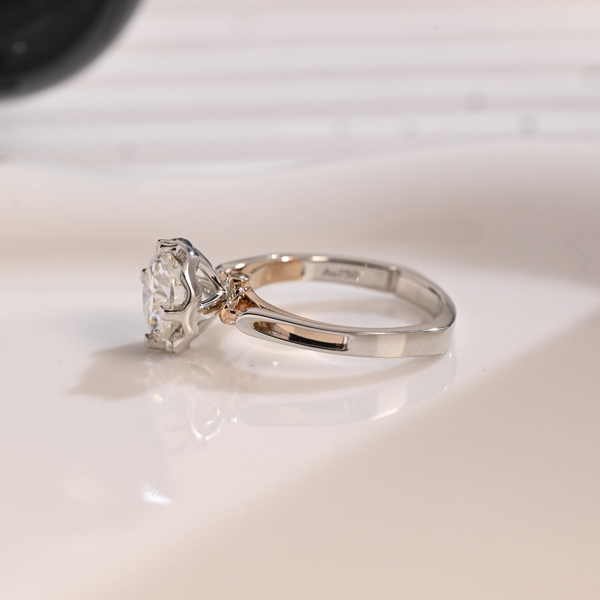 Solid Gold Two Tone Hidden Halo Round Cut Moissanite Engagement Ring