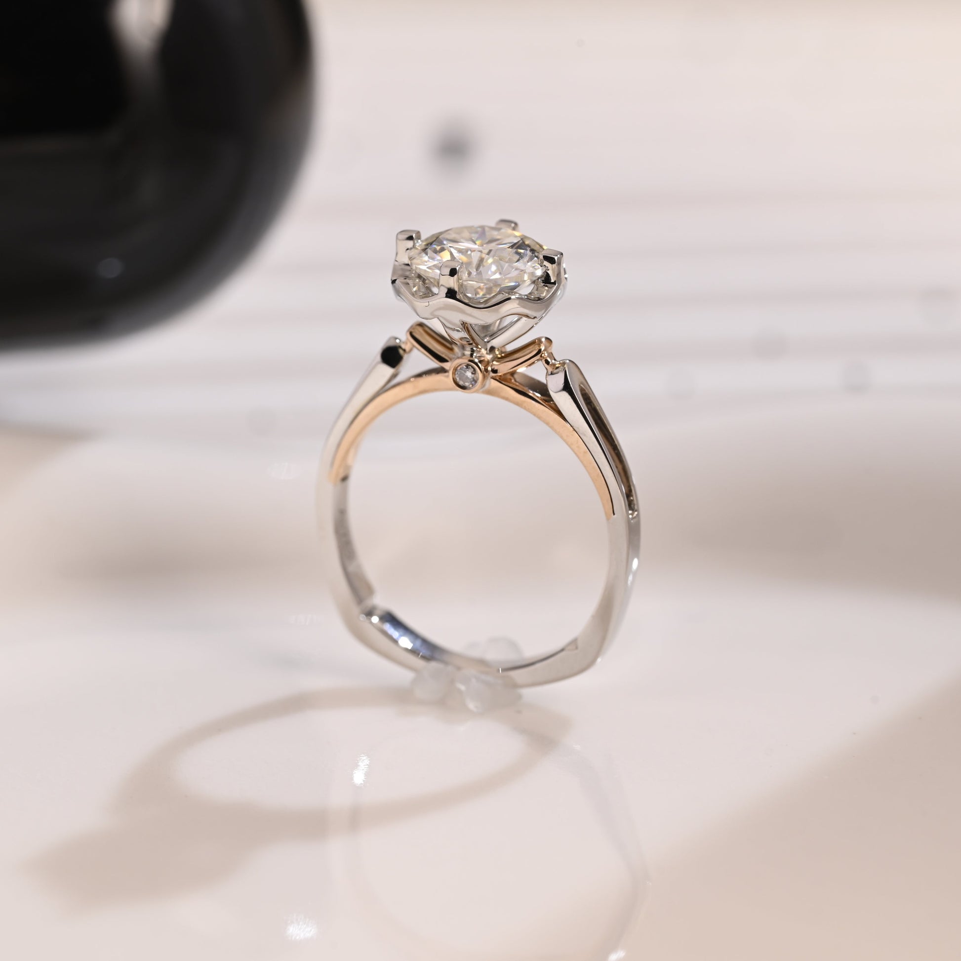 Solid Gold Two Tone Hidden Halo Round Cut Moissanite Engagement Ring
