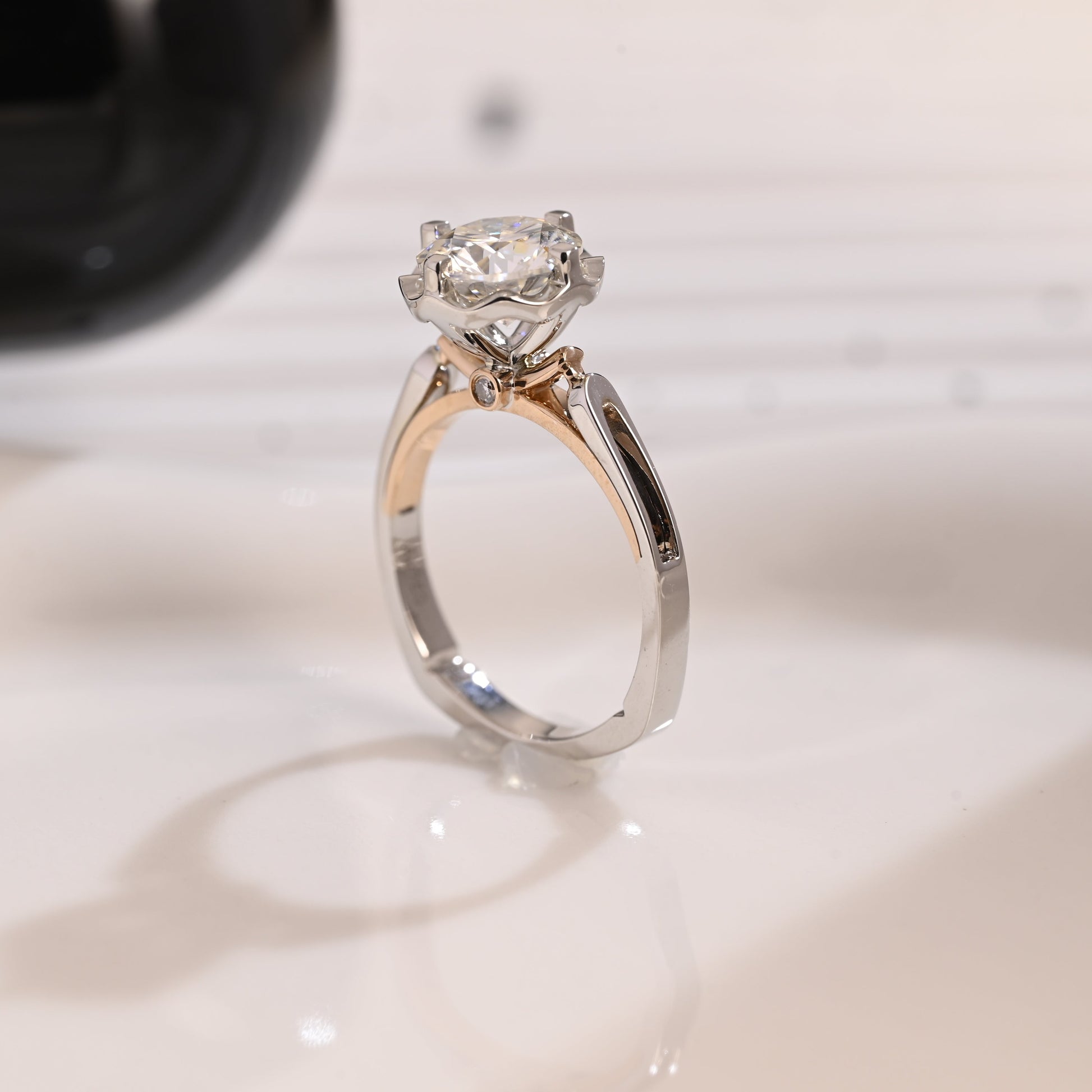 Solid Gold Two Tone Hidden Halo Round Cut Moissanite Engagement Ring