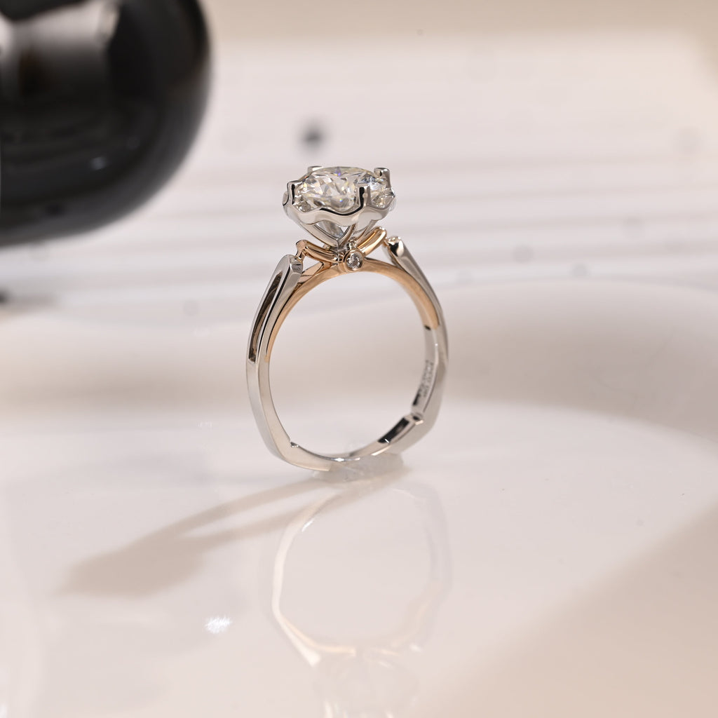 Solid Gold Two Tone Hidden Halo Round Cut Moissanite Engagement Ring