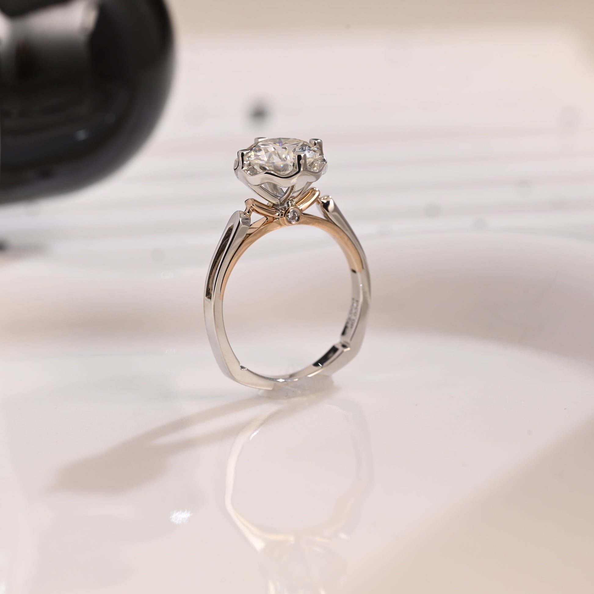 Solid Gold Two Tone Hidden Halo Round Cut Moissanite Engagement Ring