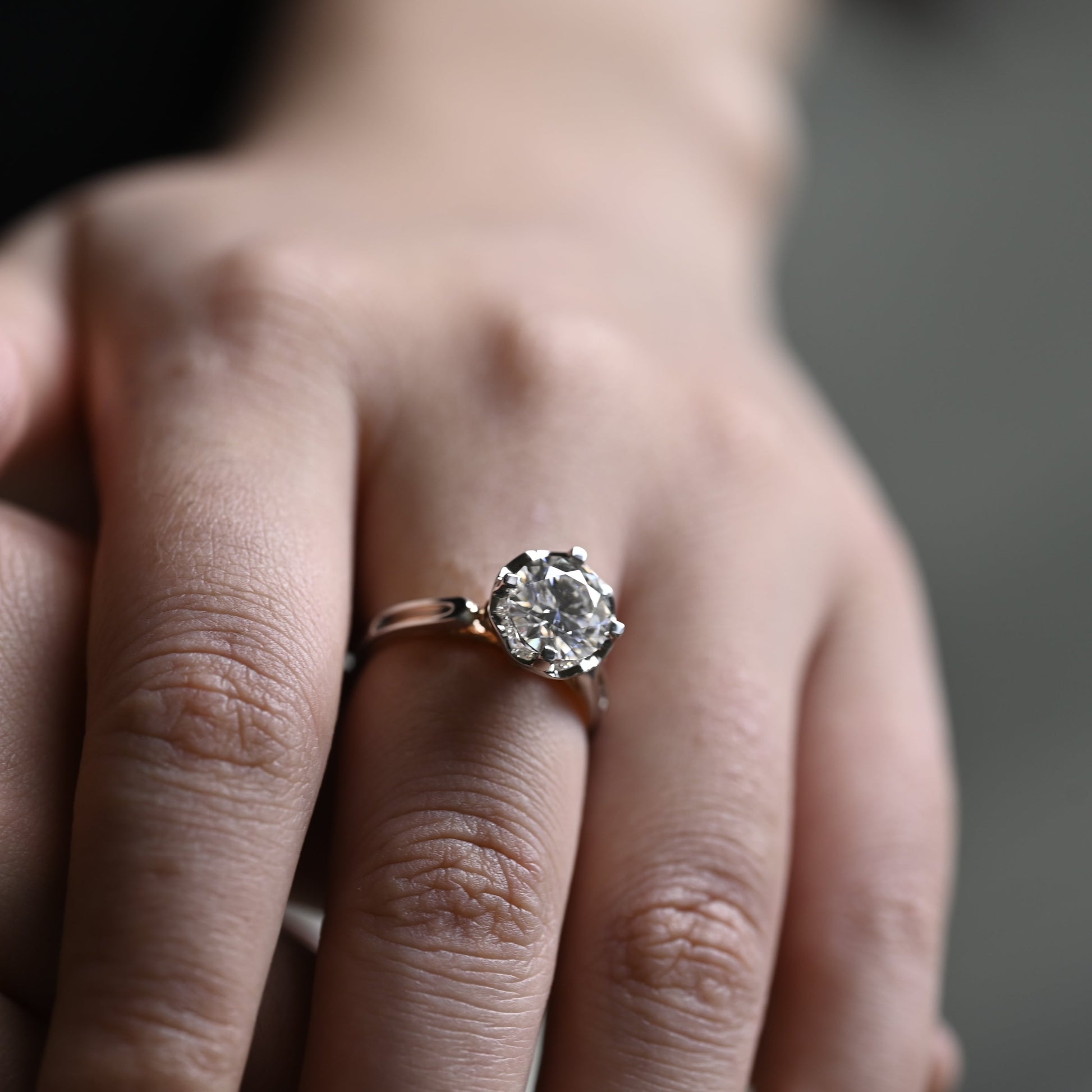 Solid Gold Two Tone Hidden Halo Round Cut Moissanite Engagement Ring
