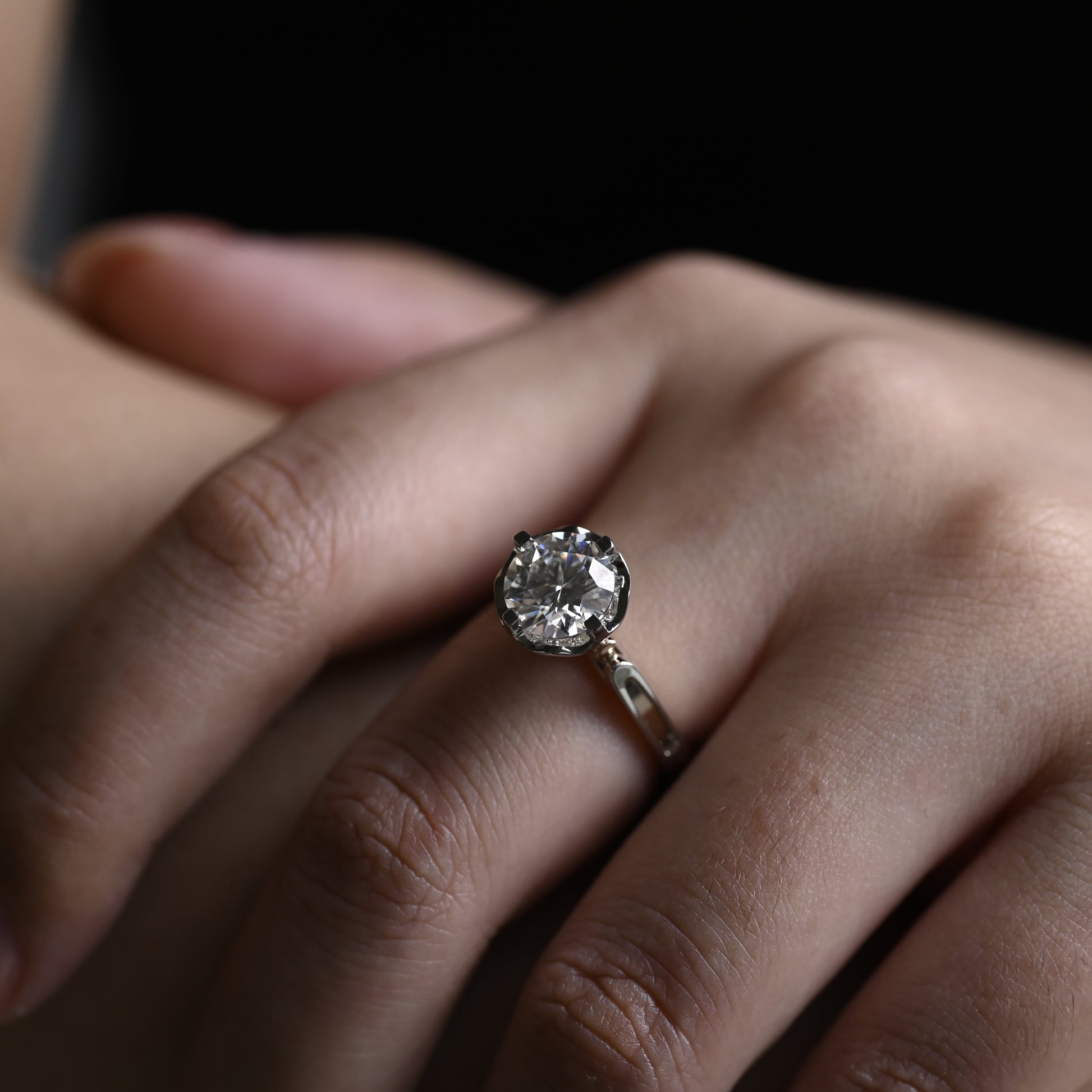 Solid Gold Two Tone Hidden Halo Round Cut Moissanite Engagement Ring
