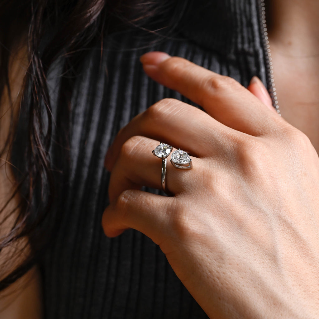 Solid Gold Toi et Moi Round & Pear Cut Moissanite Engagement Ring