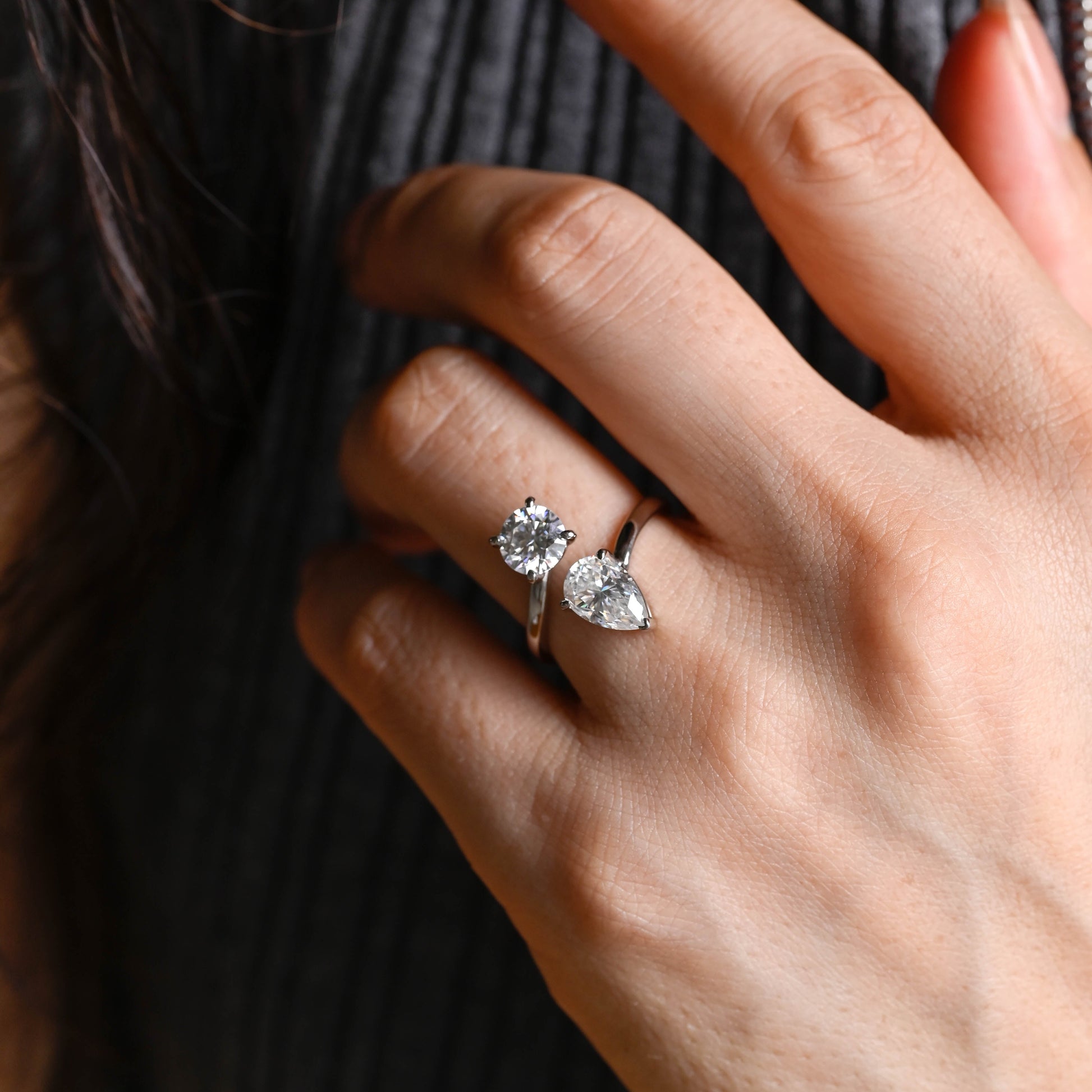 Solid Gold Toi et Moi Round & Pear Cut Moissanite Engagement Ring