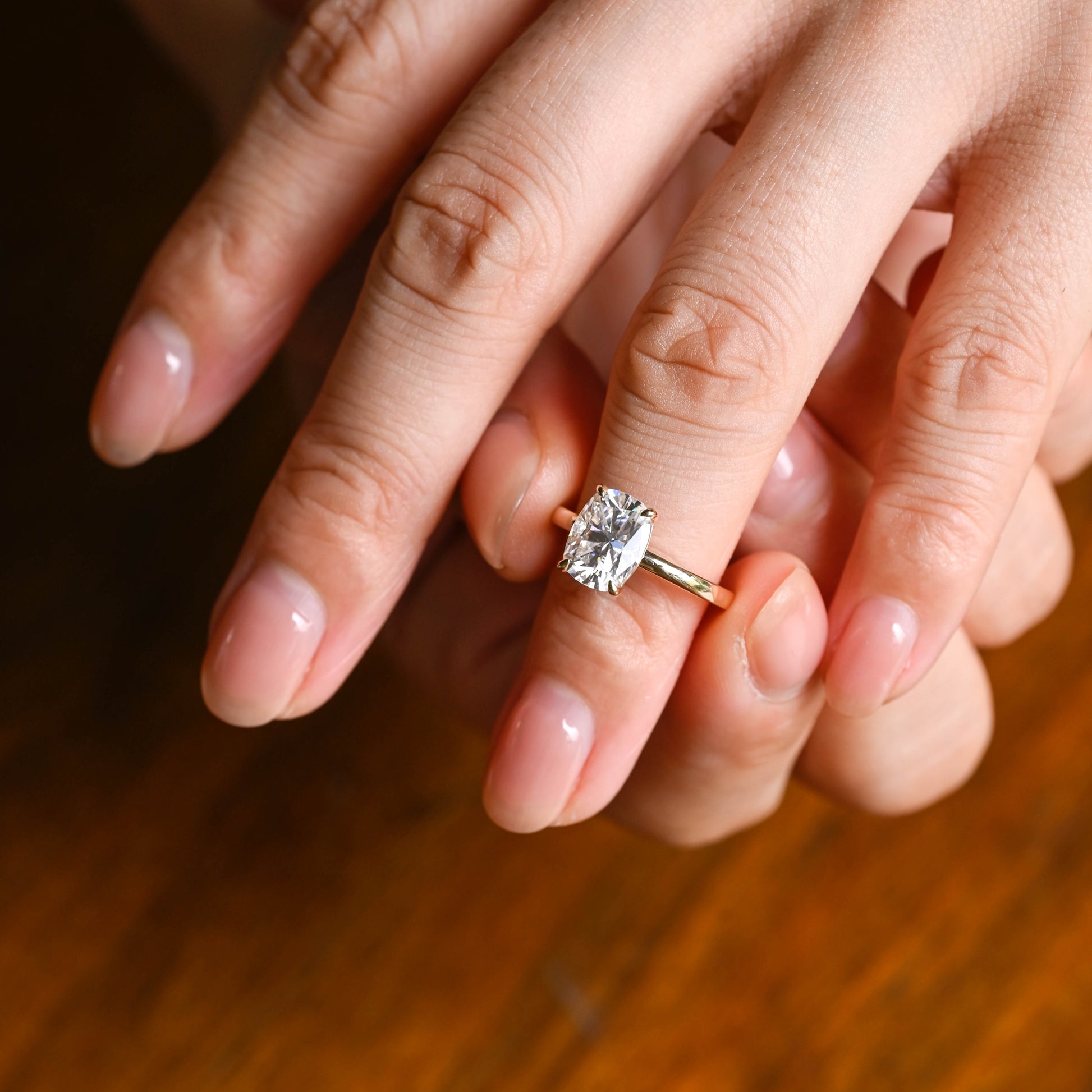 Solid Gold Solitaire Elongated Cushion Cut Moissanite Engagement Ring