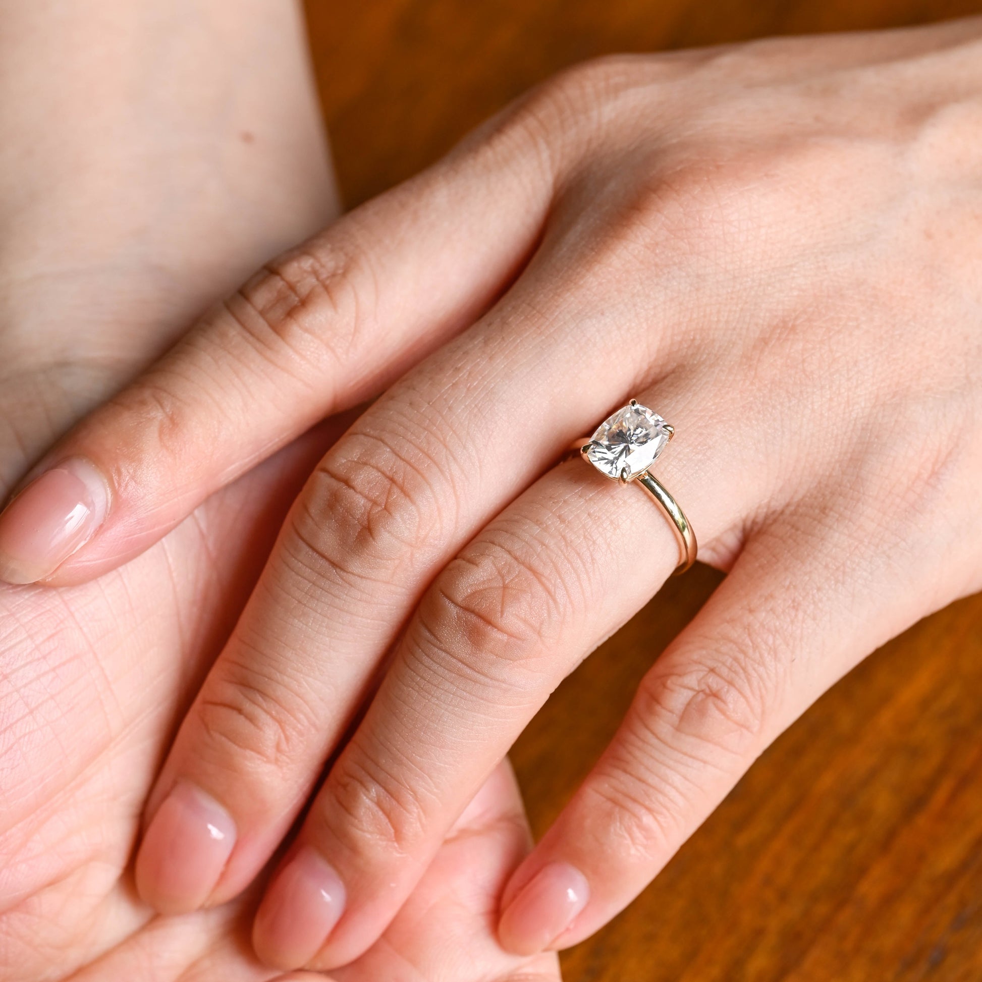 Solid Gold Solitaire Elongated Cushion Cut Moissanite Engagement Ring