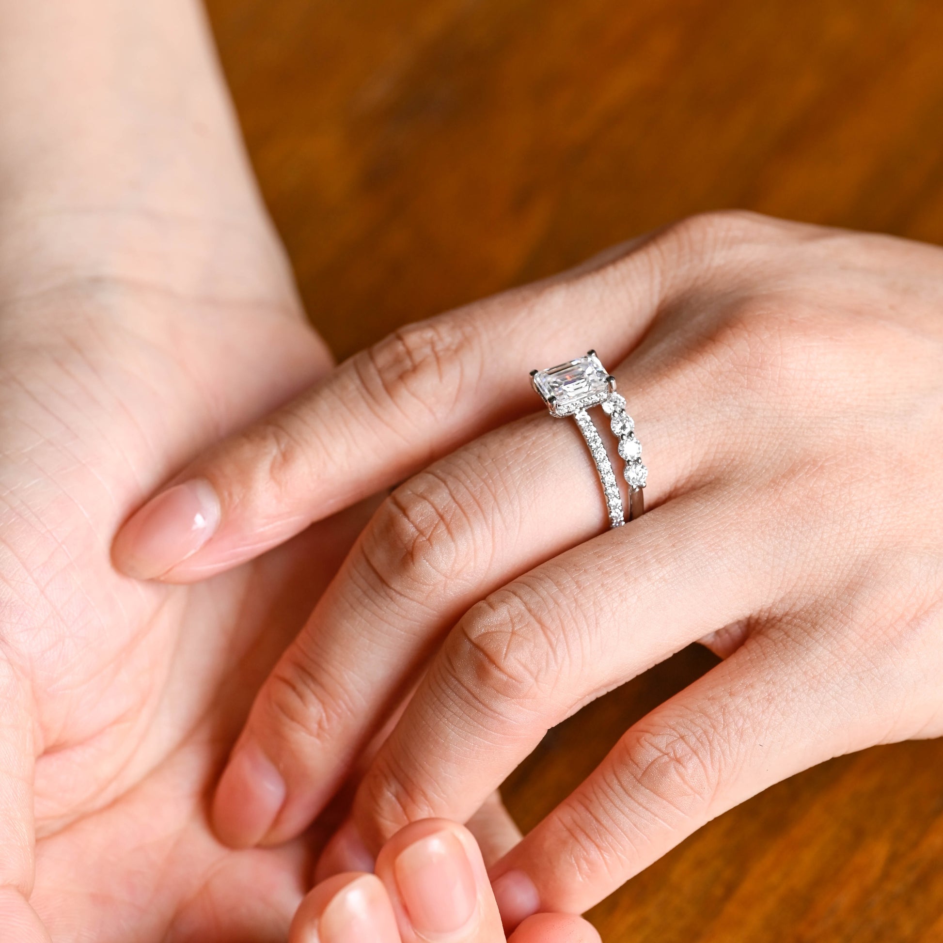 Solid Gold Hidden Halo Emerald Cut Moissanite Wedding Ring Set
