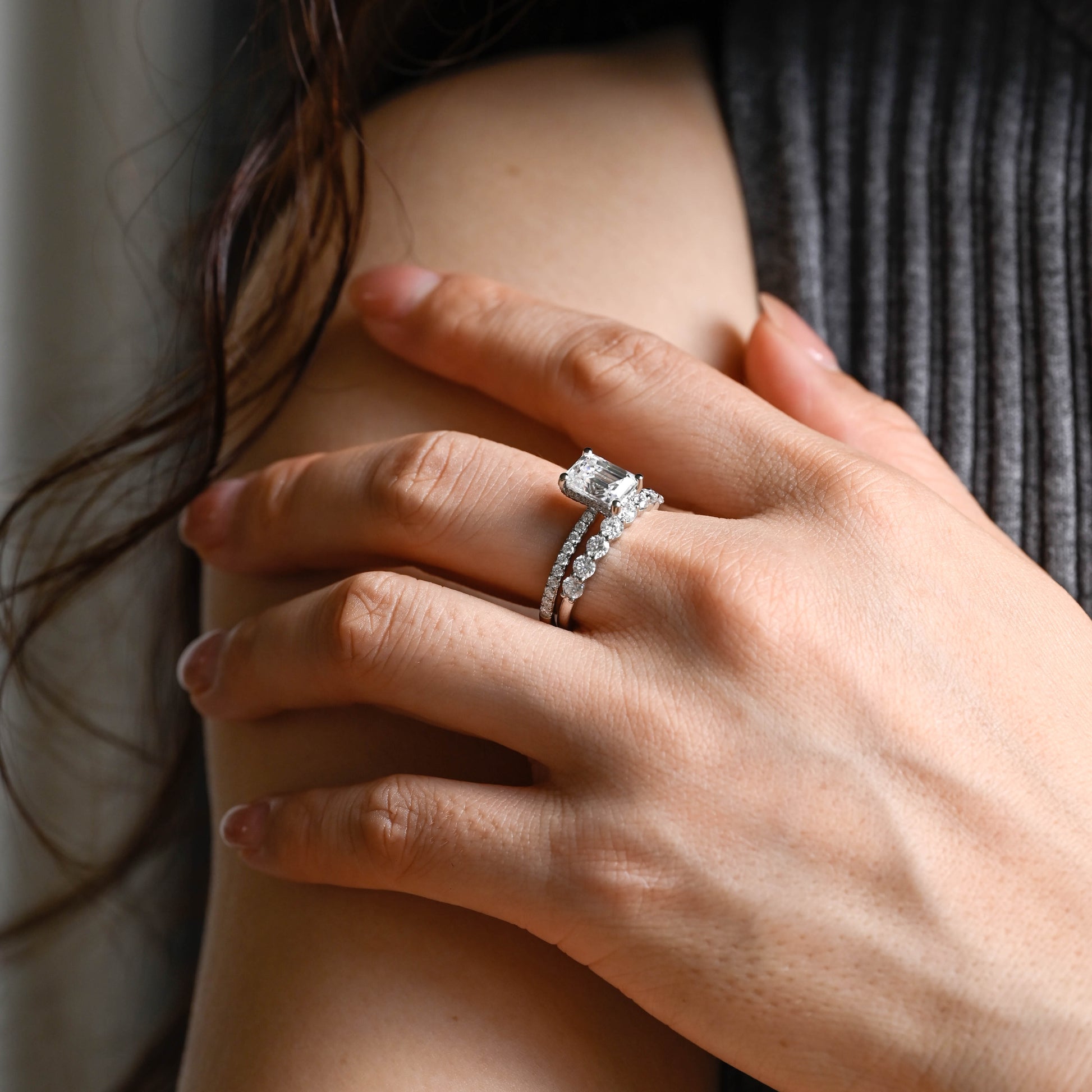 Solid Gold Hidden Halo Emerald Cut Moissanite Wedding Ring Set