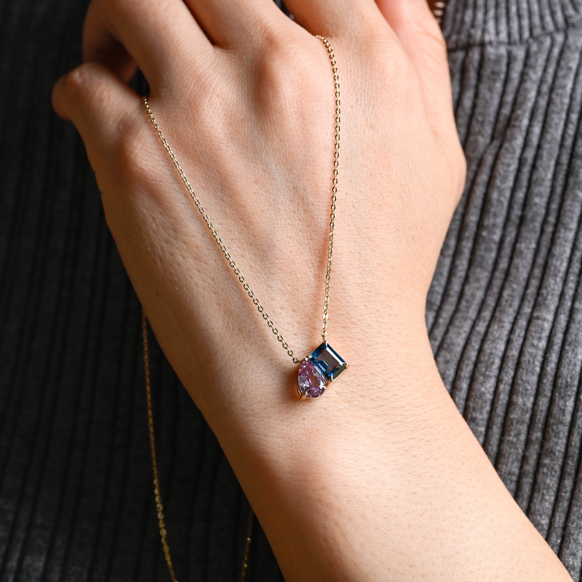 Solid Gold Emerald Cut Blue Topaz & Pear Cut Alexandrite Pendant Necklace