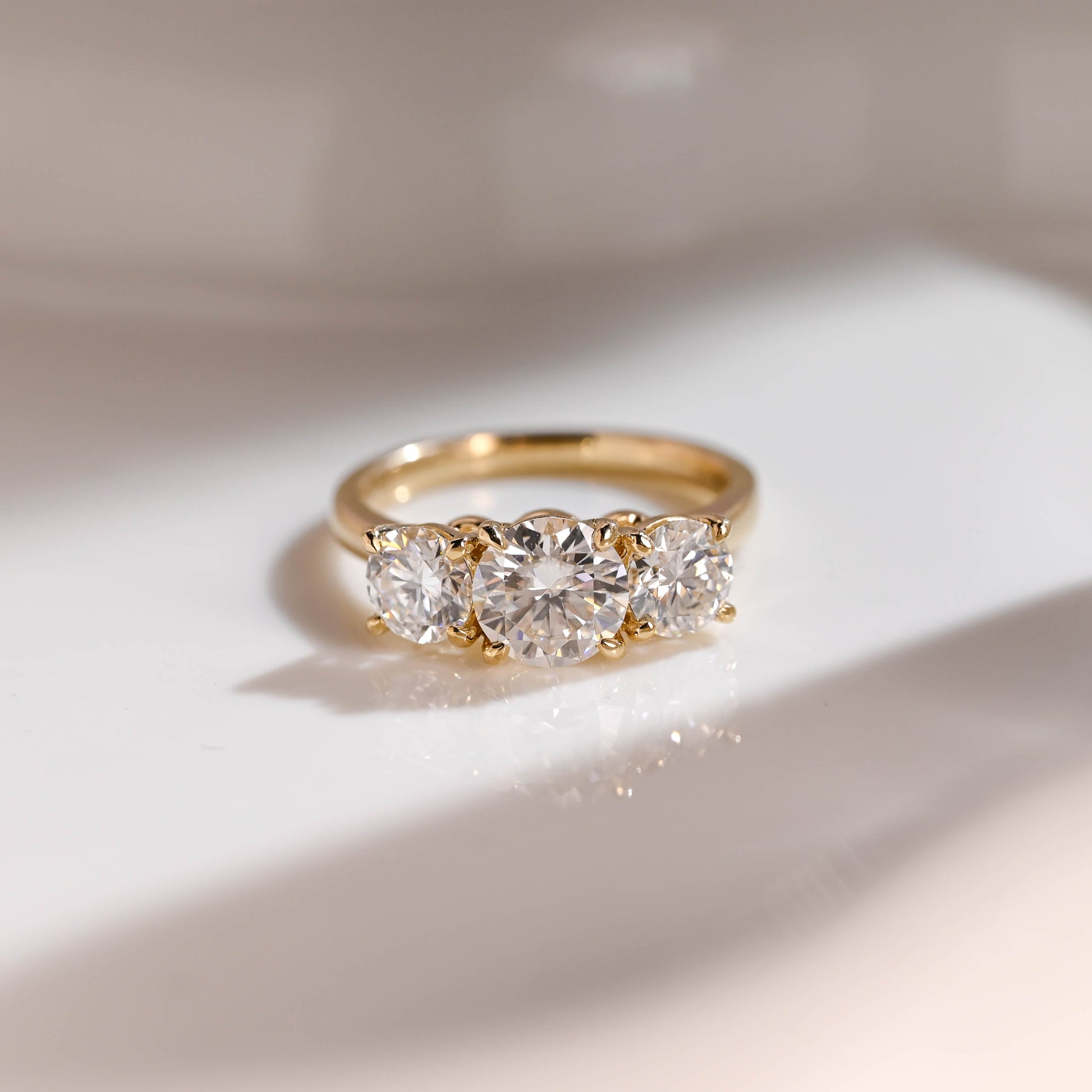 Solid Gold Three Stone Round Cut Moissanite Engagement Ring