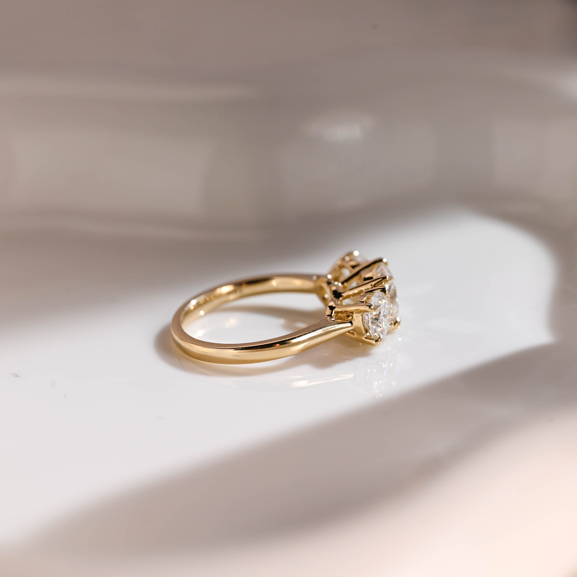 Solid Gold Three Stone Round Cut Moissanite Engagement Ring