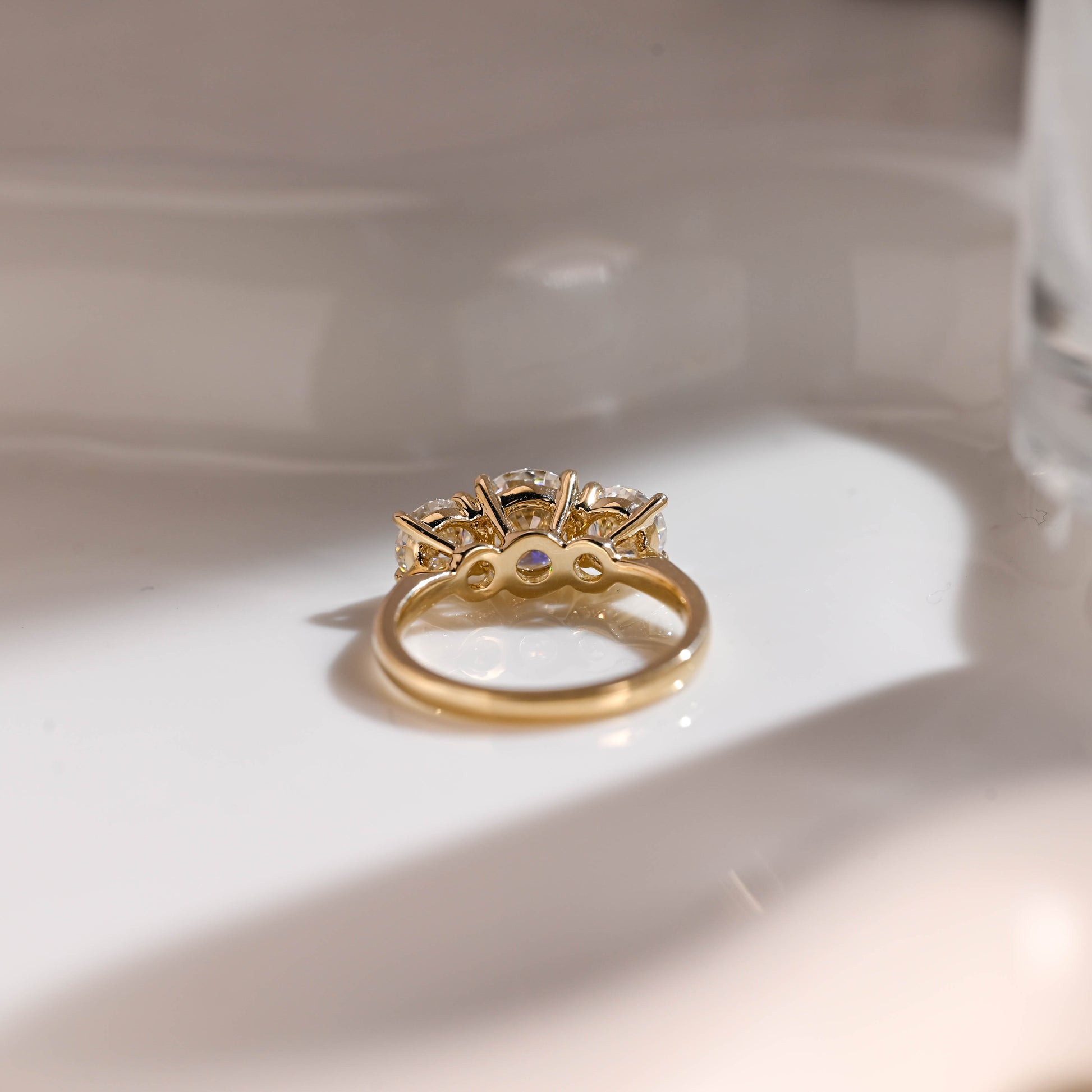 Solid Gold Three Stone Round Cut Moissanite Engagement Ring