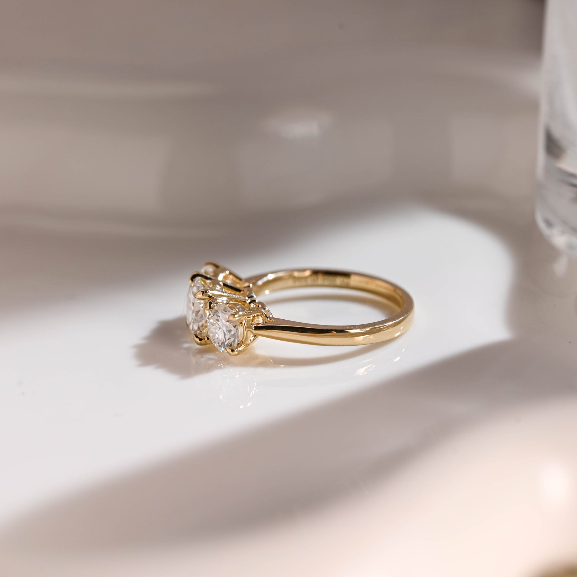 Solid Gold Three Stone Round Cut Moissanite Engagement Ring