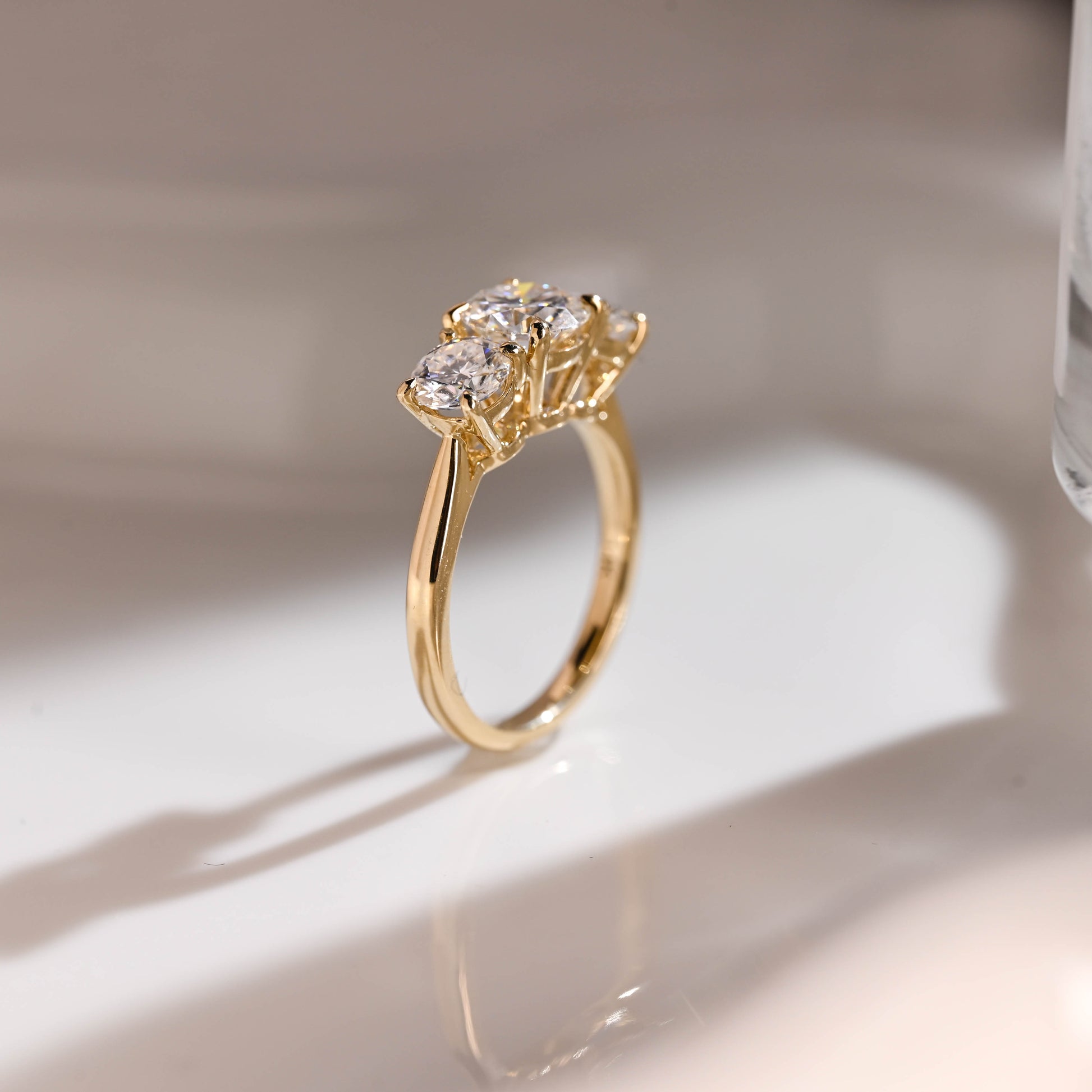 Solid Gold Three Stone Round Cut Moissanite Engagement Ring