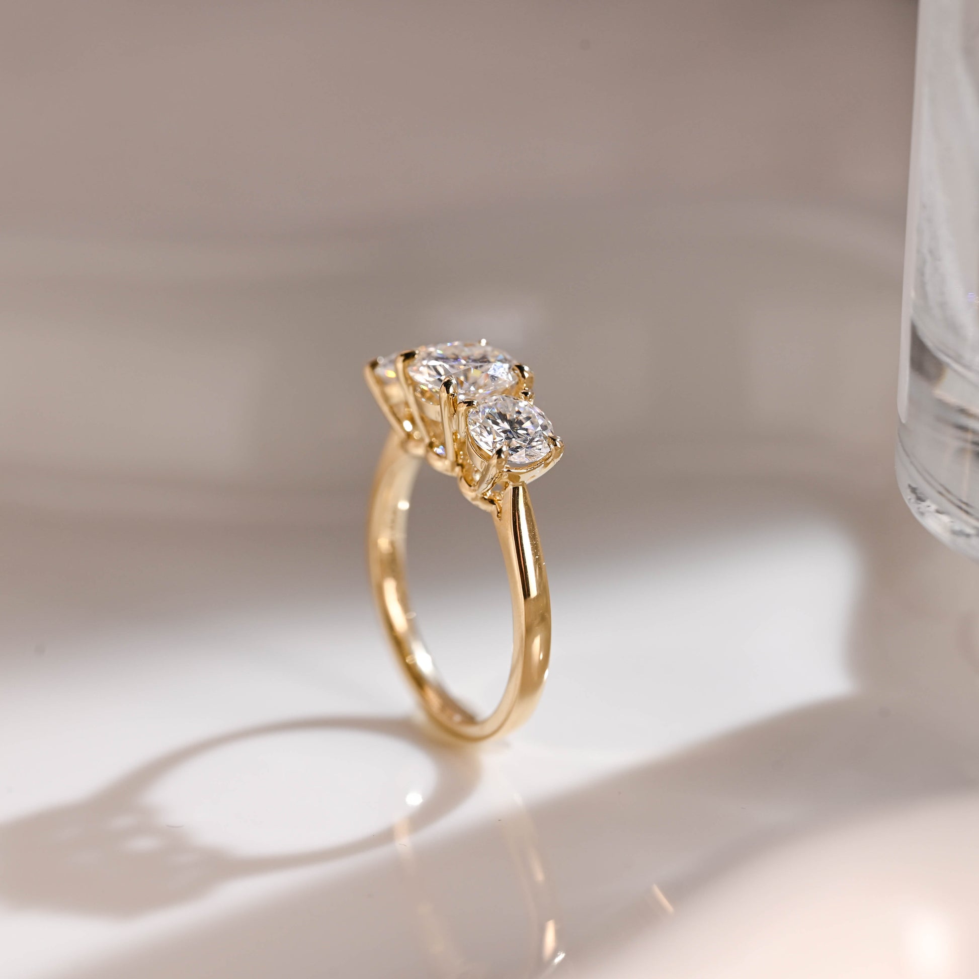 Solid Gold Three Stone Round Cut Moissanite Engagement Ring