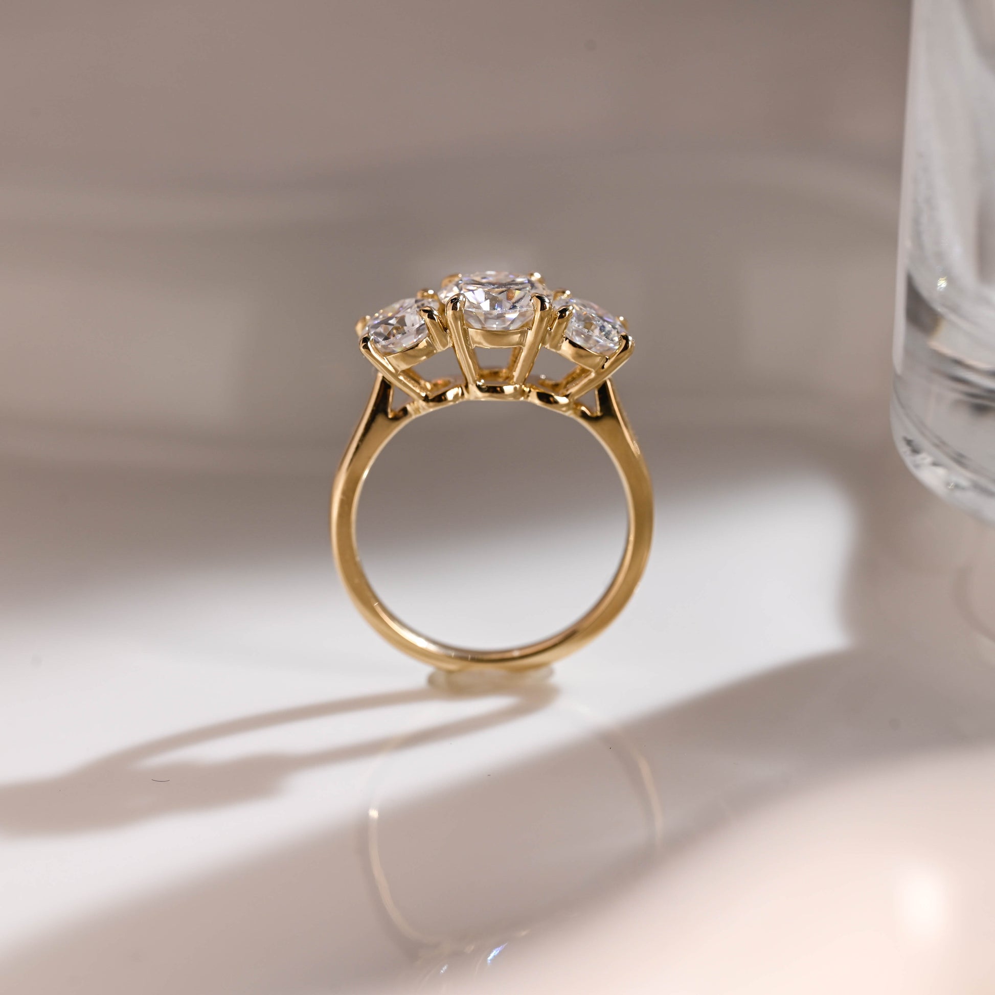 Solid Gold Three Stone Round Cut Moissanite Engagement Ring