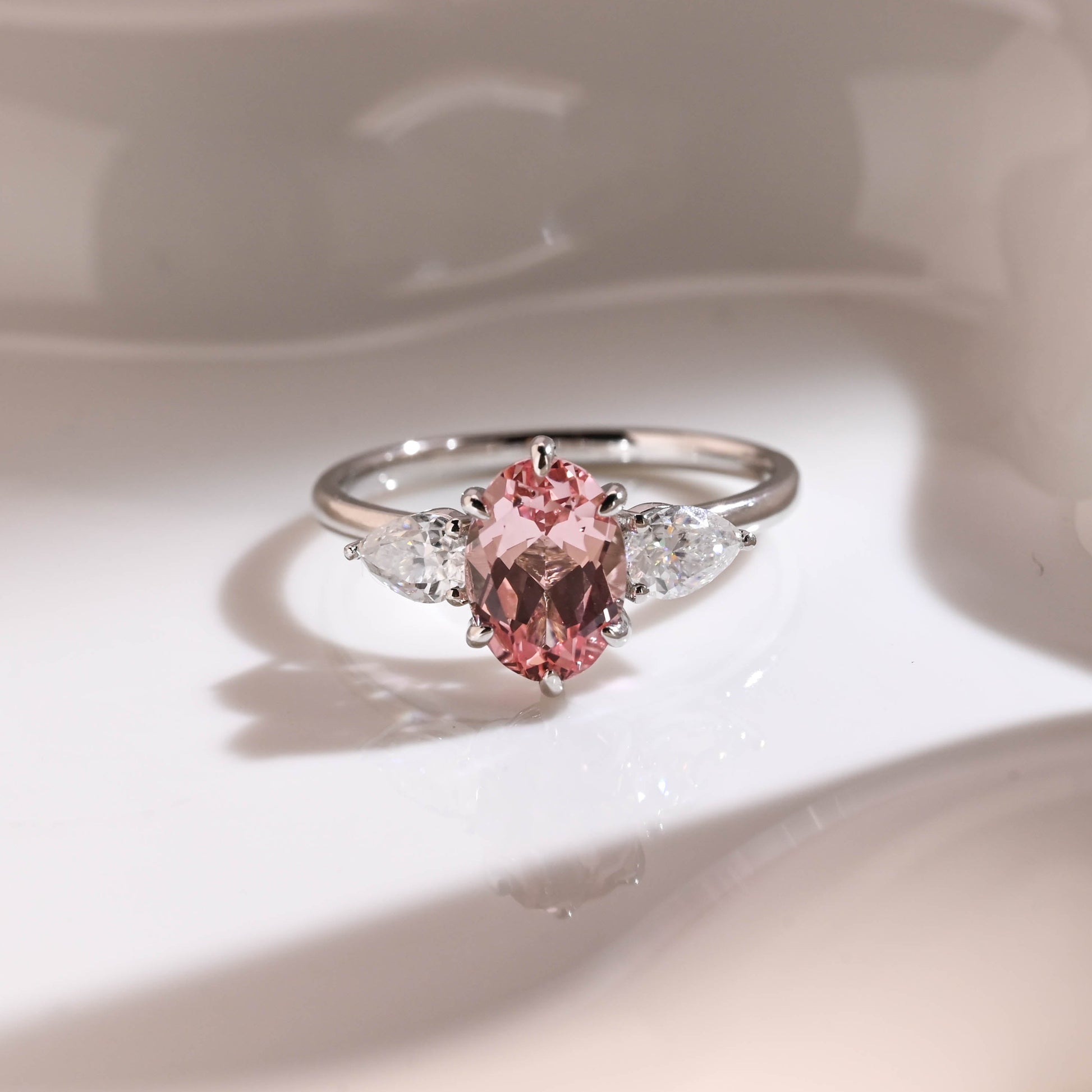 Solid Gold Three Stone Oval Cut Pink Moissanite Engagement Ring