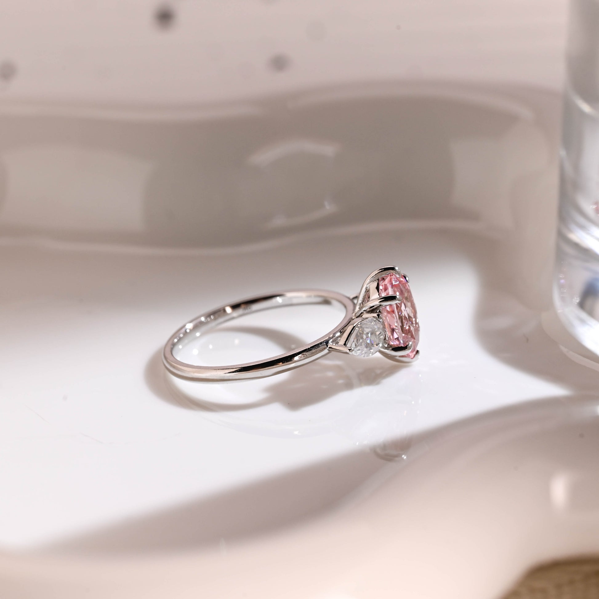 Solid Gold Three Stone Oval Cut Pink Moissanite Engagement Ring
