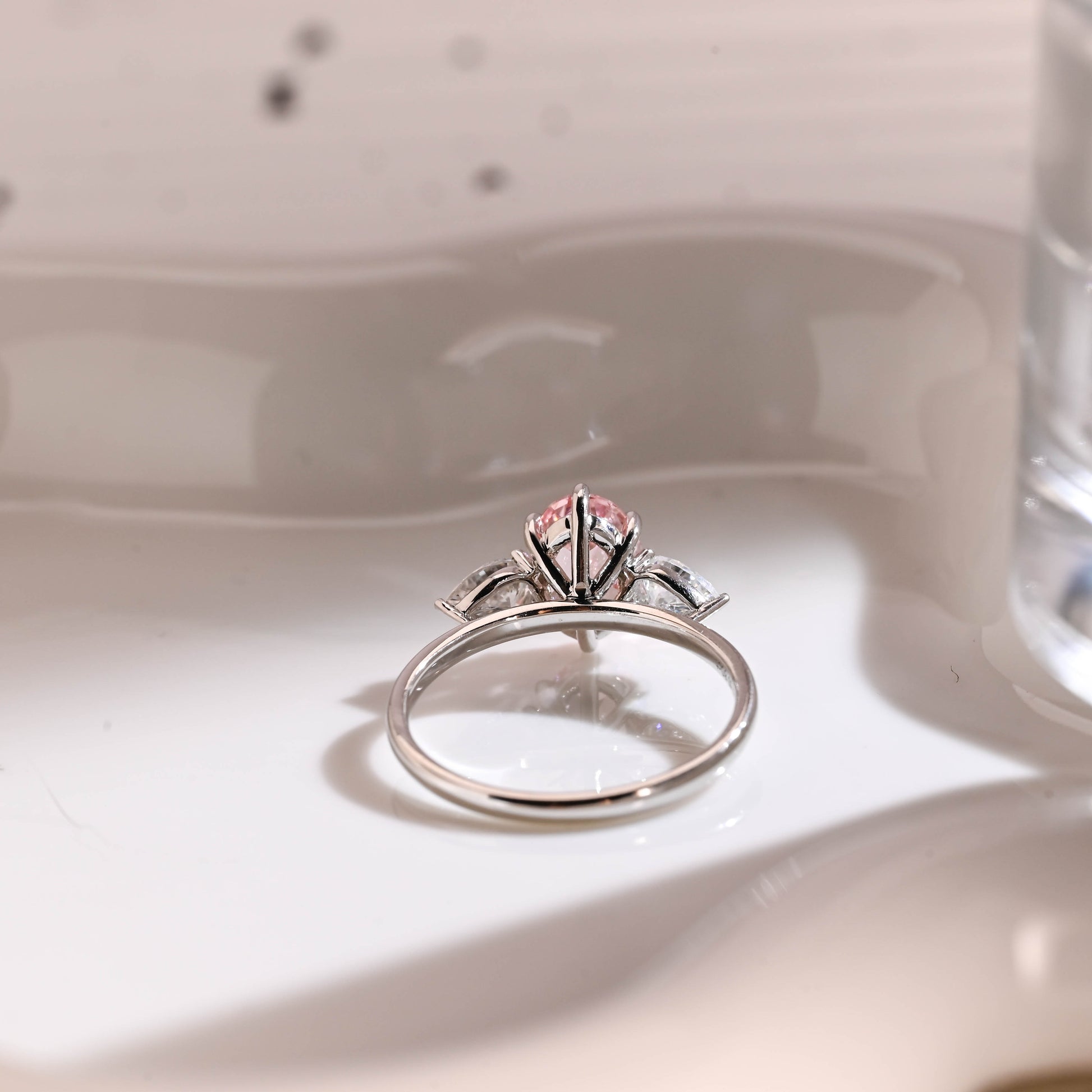 Three Stone Oval Cut Pink Sapphire Engagement Ring