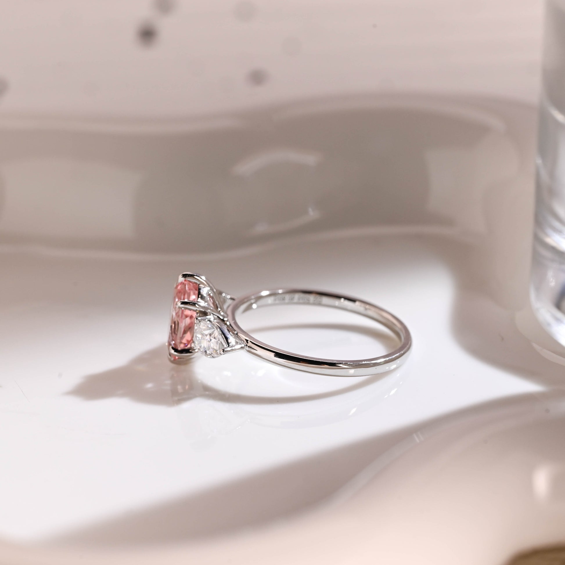 Solid Gold Three Stone Oval Cut Pink Moissanite Engagement Ring